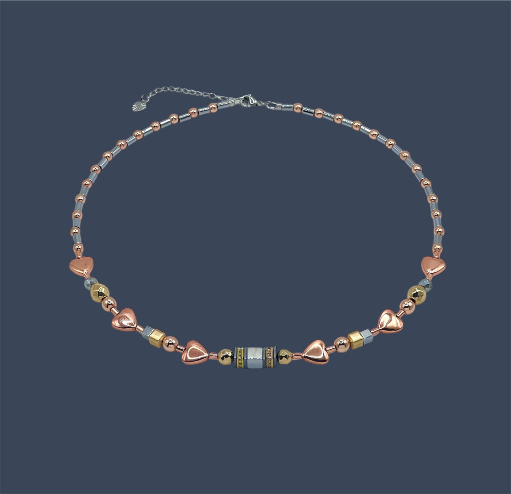 Silver, Gold & Rose Natural Stone Crystal Glass Necklace with Stainless Steel