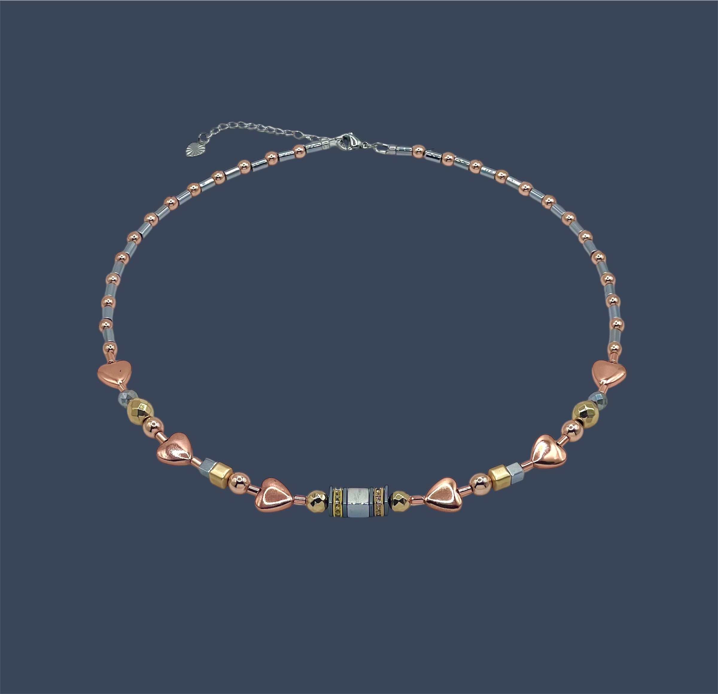 Silver, Gold & Rose Natural Stone Crystal Glass Necklace with Stainless Steel