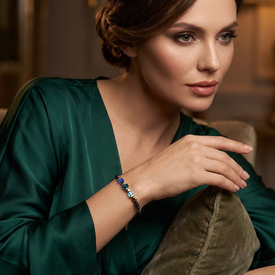 Blue & Gold Heart Crystal Glass and Stone Bracelet | Gold Stainless Steel Clasp