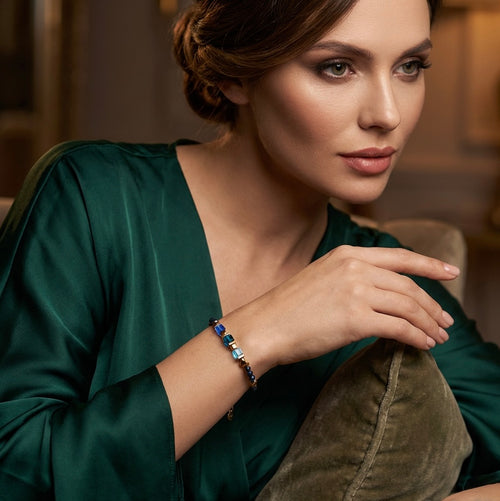 Blue & Gold Heart Crystal Glass and Stone Bracelet | Gold Stainless Steel Clasp