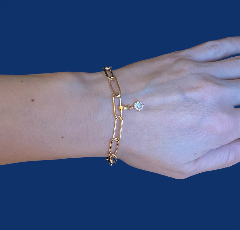 Gold Stainless Steel Bracelet with Crystal Glass Pendant