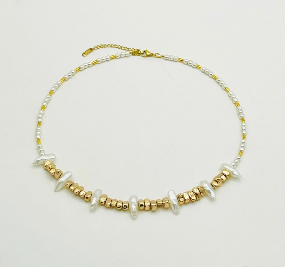 Gold & White Natural Stone Necklace | Stainless Steel