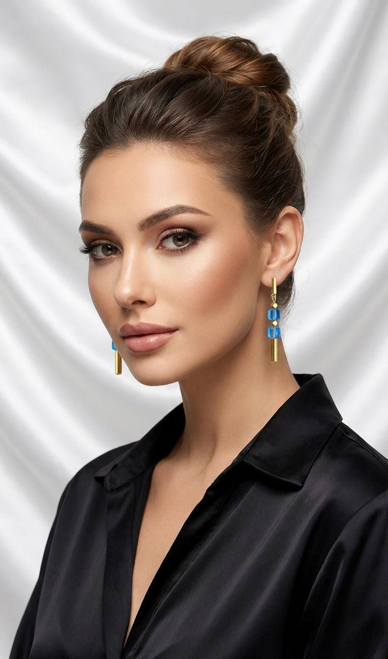 Blue & Gold Cube Drop Crystal Glass Stone Earrings | Stainless Steel Studs