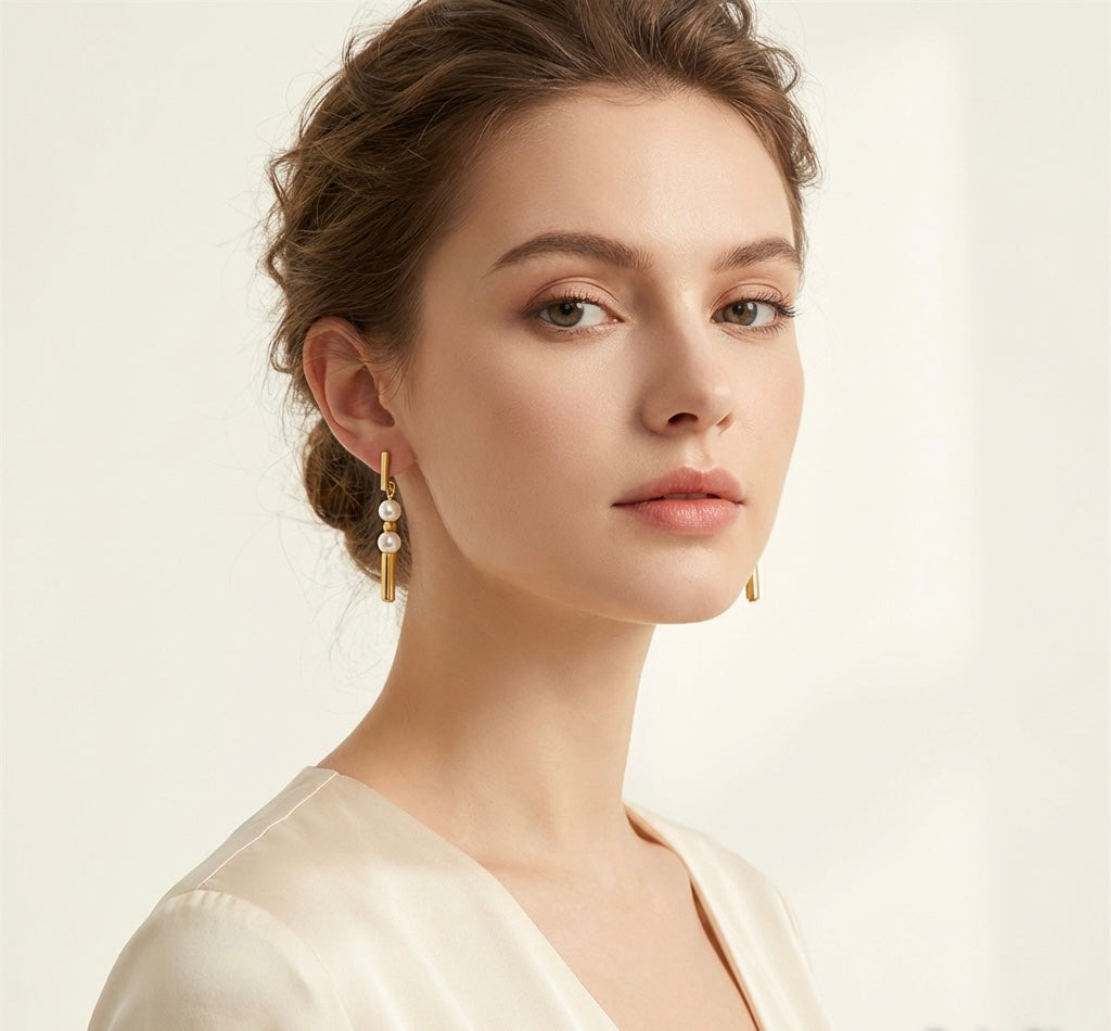 Gold-Tone White Natural Stone Drop Earrings | Stainless Steel Clasp
