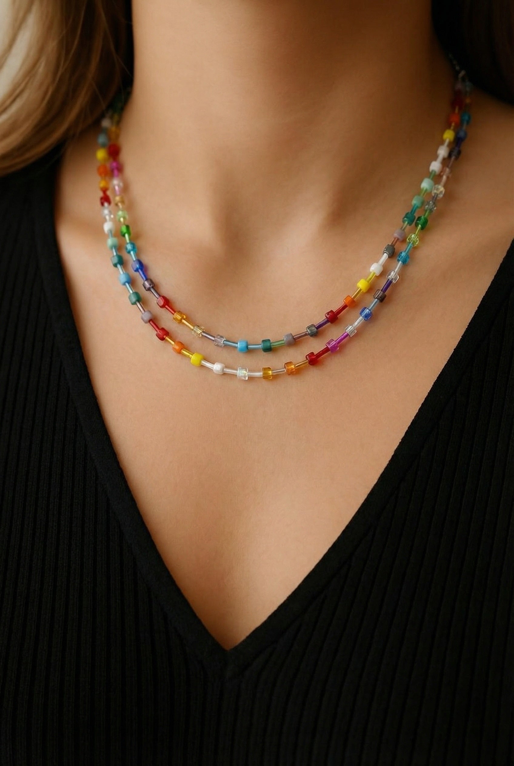 Multicolour Crystal Glass Necklace – Silver Stainless Steel