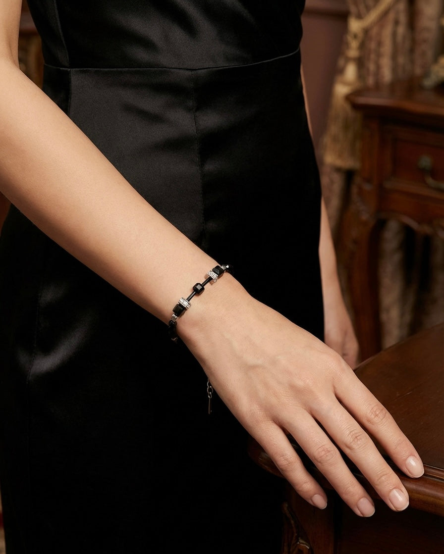 Black Crystal glass cube beads bracelet silver steel