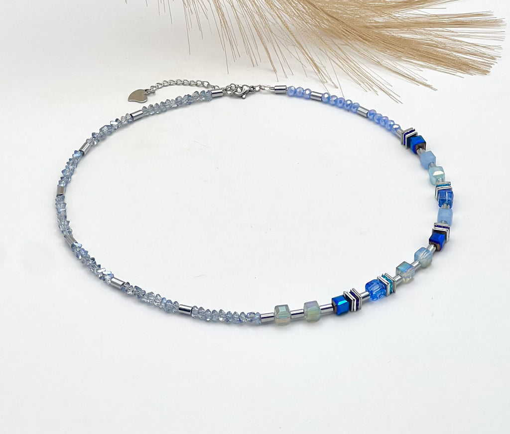 Delicate Light Blue Crystal Glass Necklace with Silver Steel