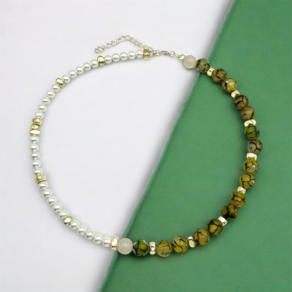 Dew Green & White National Stones Necklace, Silver-Plated, Lobster Clasp