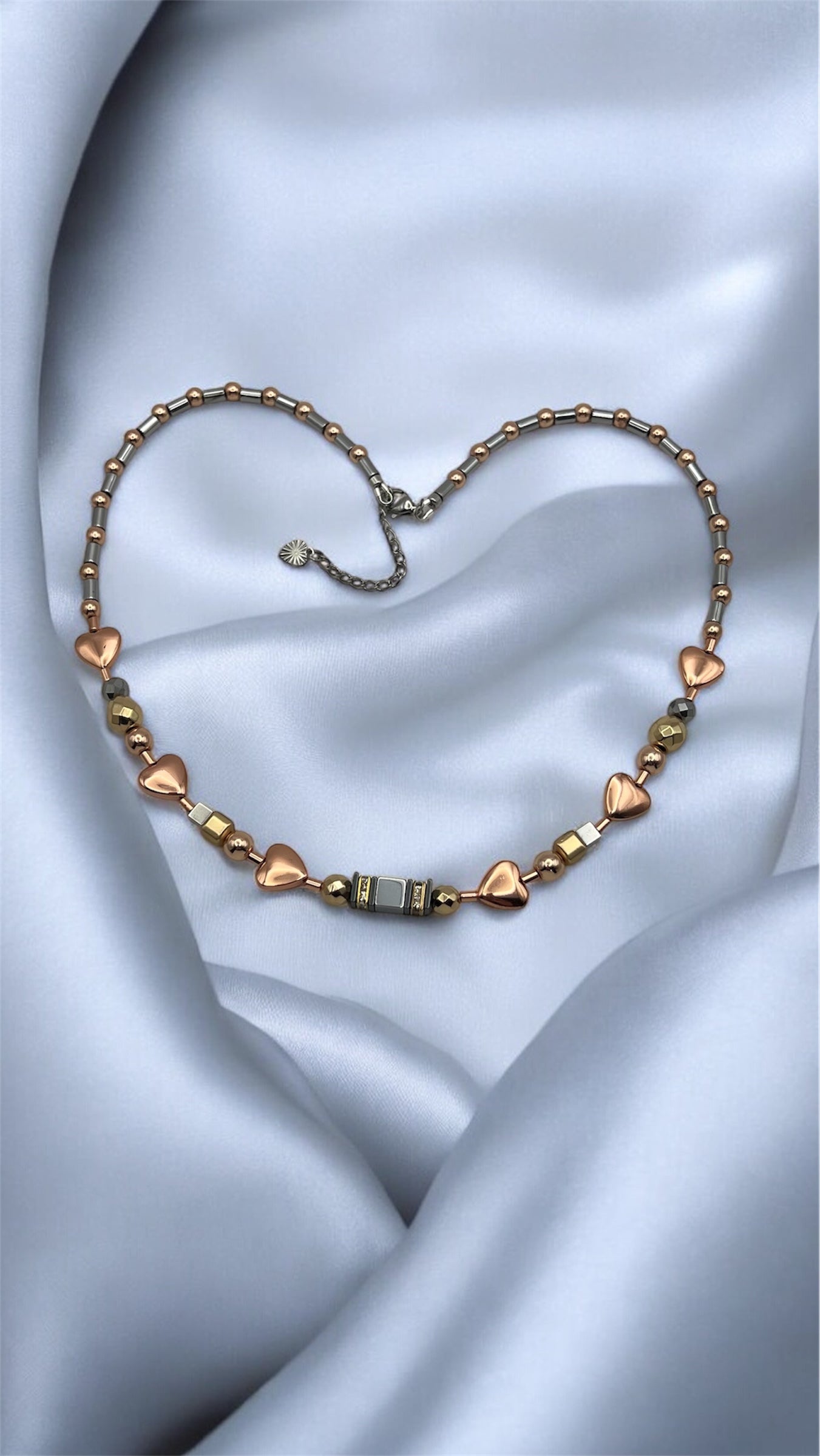 Silver, Gold & Rose Natural Stone Crystal Glass Necklace with Stainless Steel