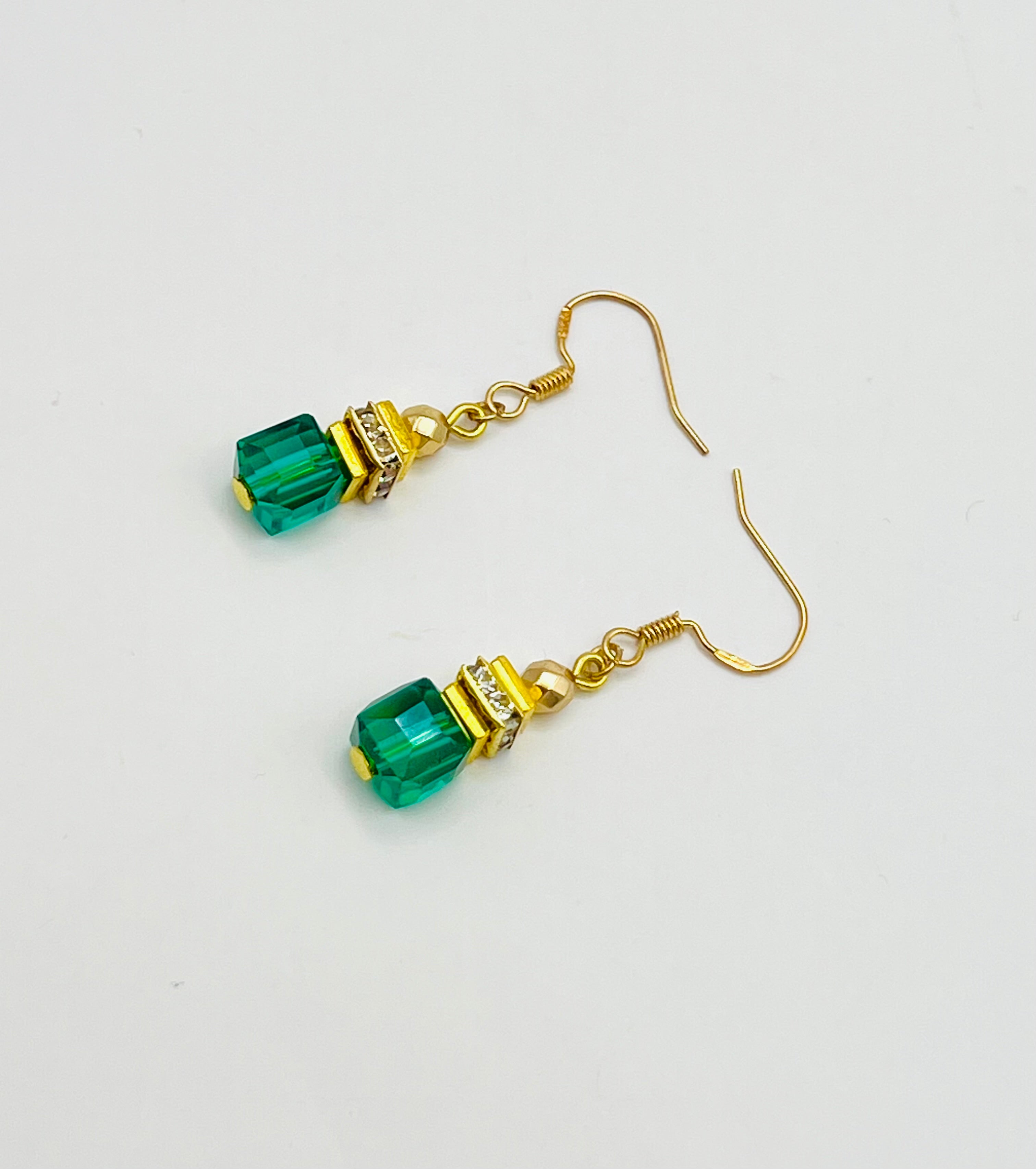 Green Crystal Glass Stone Drop Earrings | Gold-Plated Hook