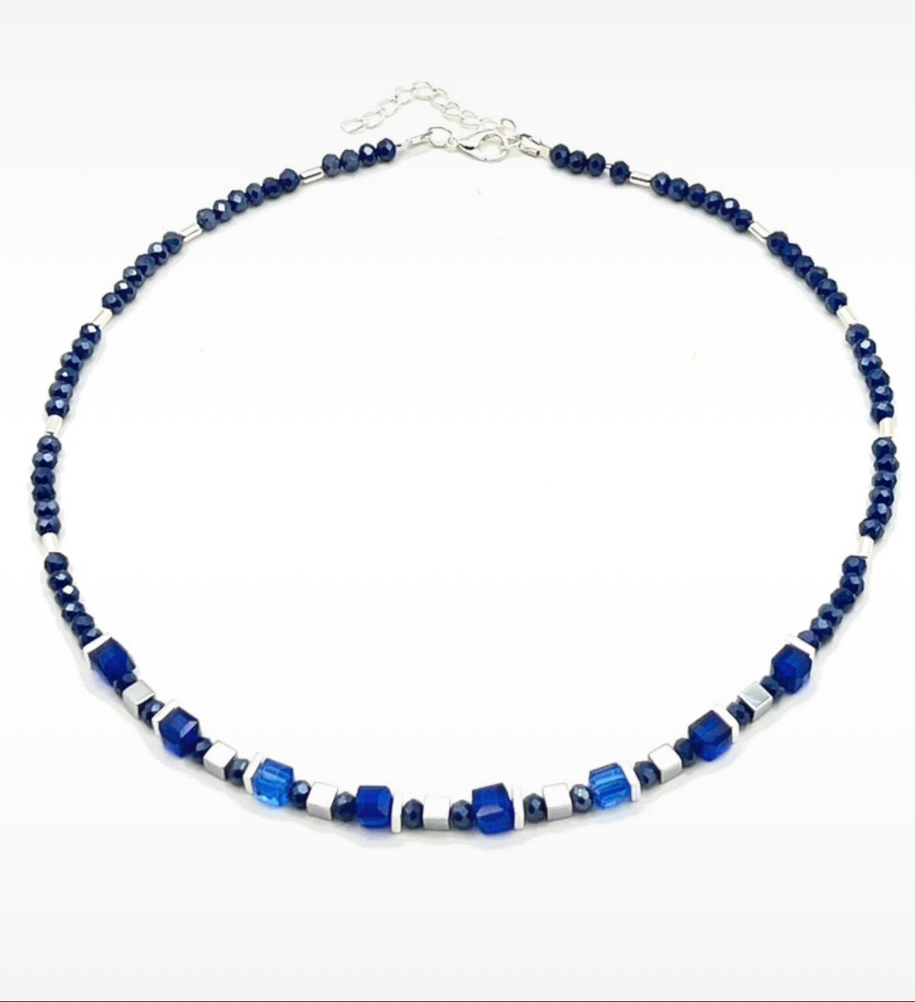 Royal Blue Crystal Glass & Natural Stone Necklace – Silver-Plated Jewelry for Women