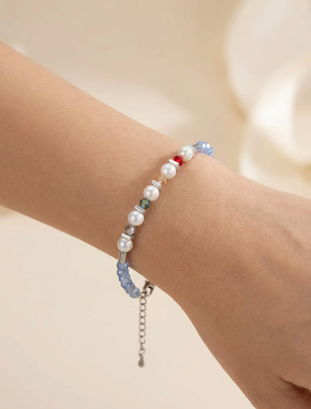 Blue, White & Multicoloured Glass Stone Bracelet – Silver Stainless Steel