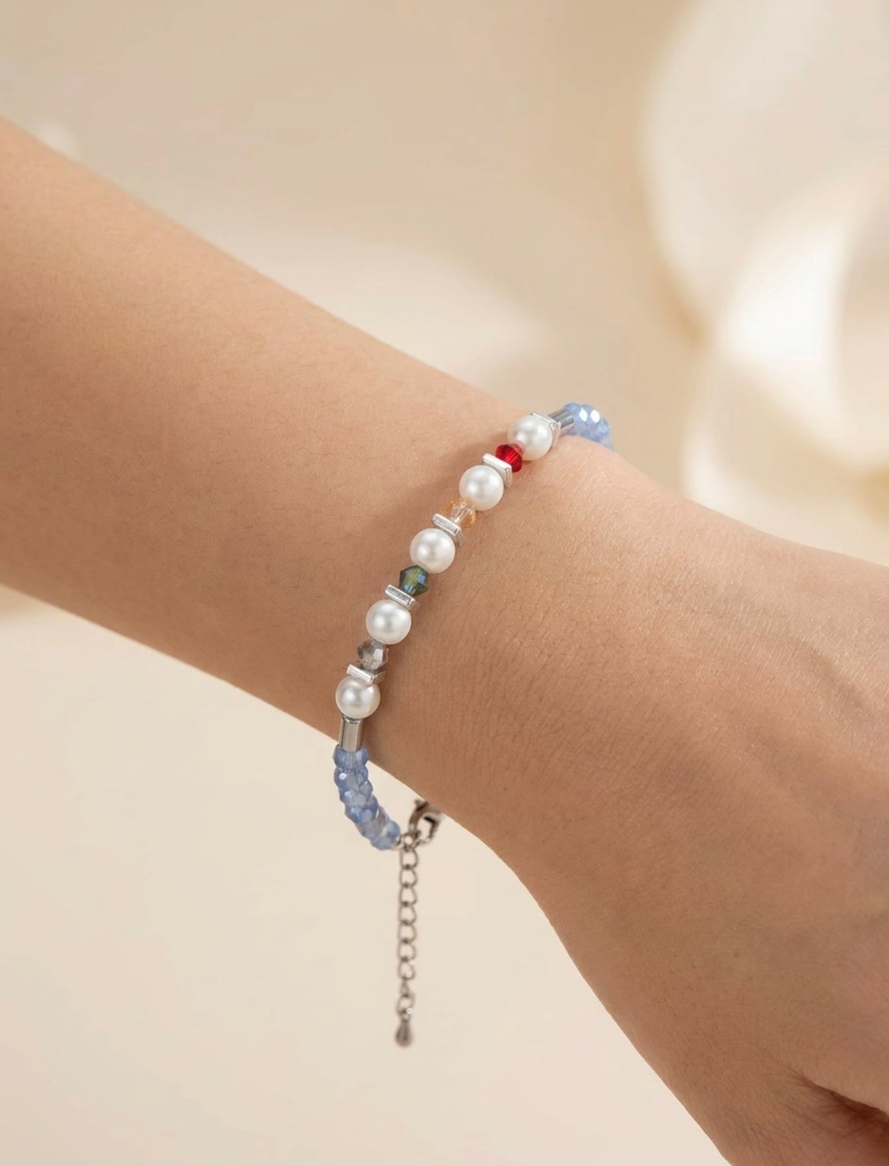 Blue, White & Multicoloured Glass Stone Bracelet – Silver Stainless Steel