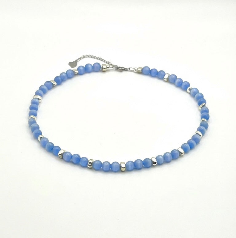 Blue Cat’s Eye Natural Stone Necklace | Silver Stainless Steel Lobster Clasp