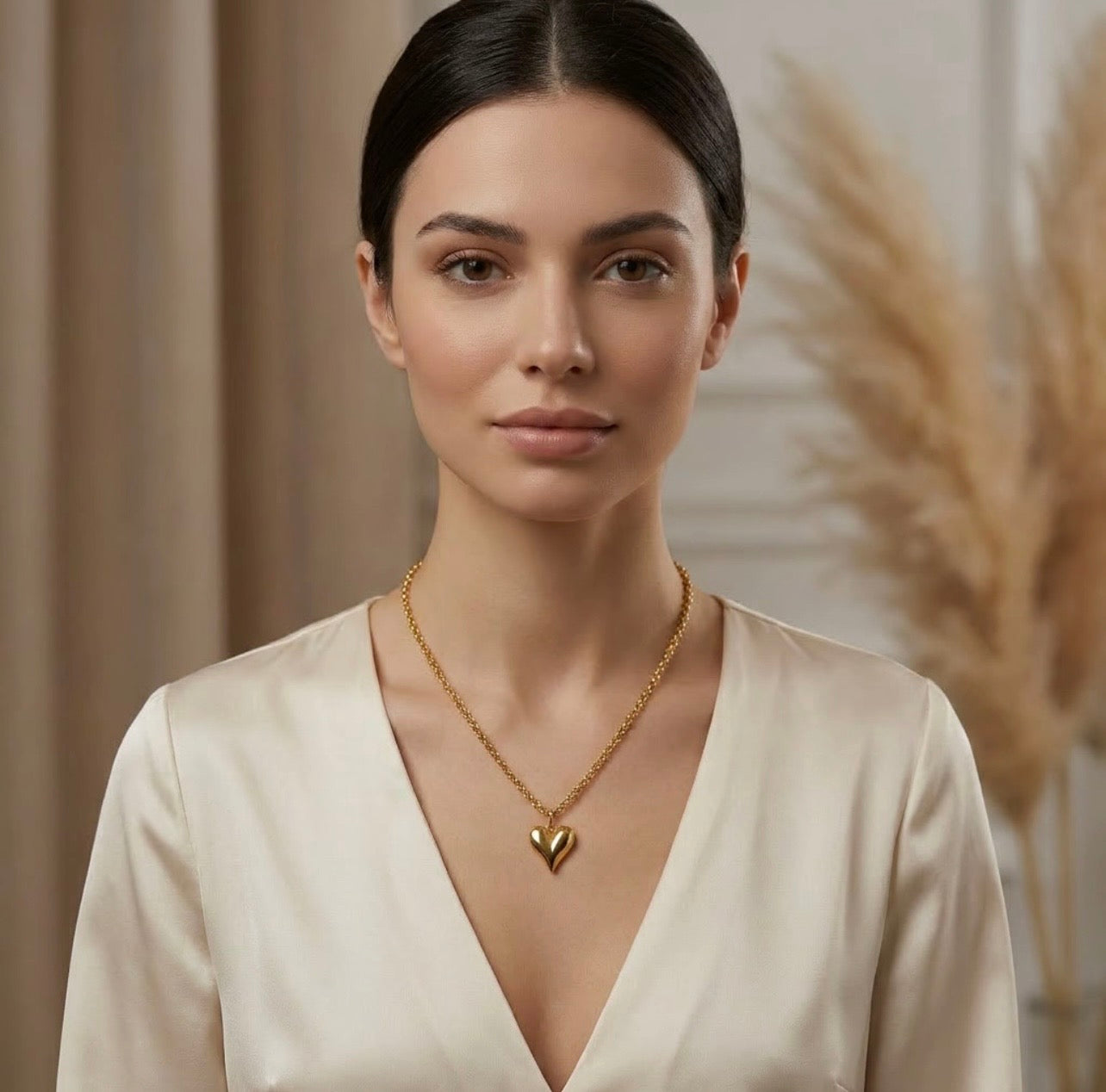 Gold Heart Pendant Necklace with Stainless Steel Chain