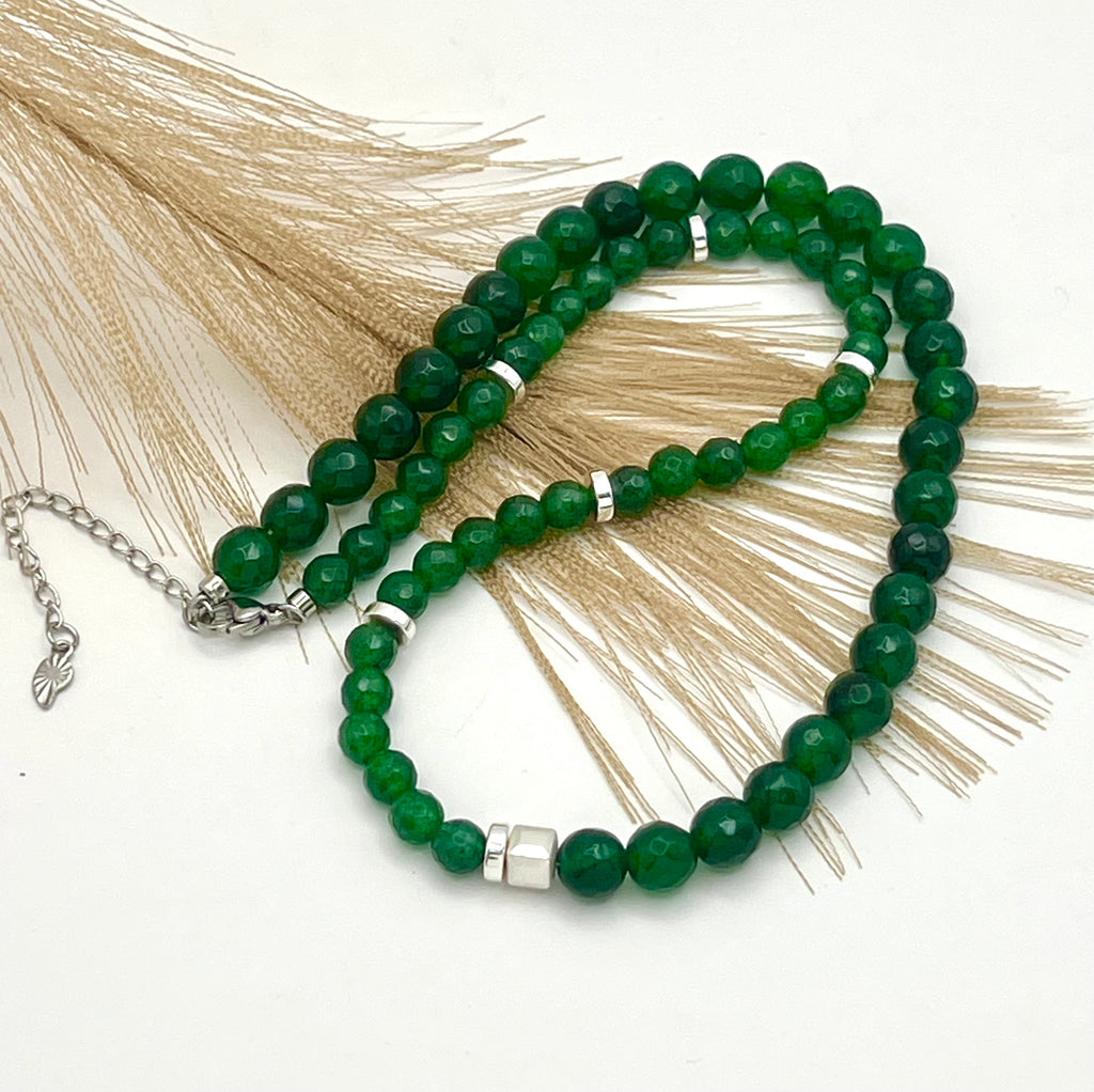 Once More Green Natural Stone Necklace – Silver Stainless Steel