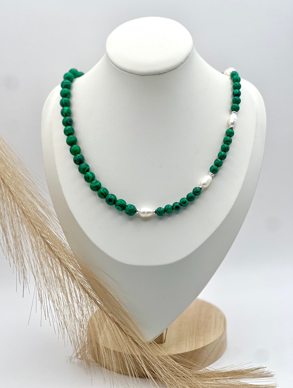 Green Malachite and Freshwater Pearl Necklace with Silver Steel