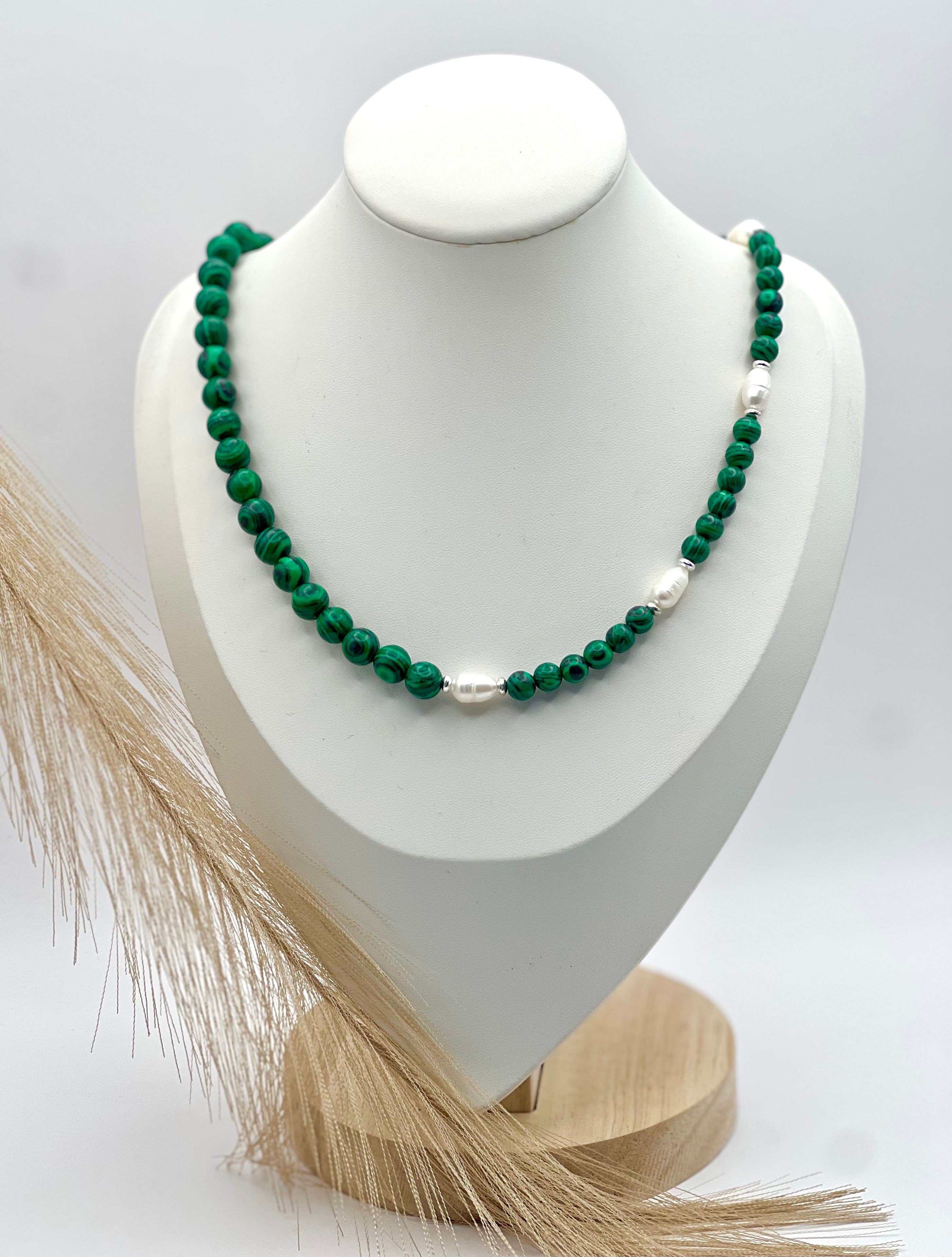 Green Malachite and Freshwater Pearl Necklace with Silver Steel