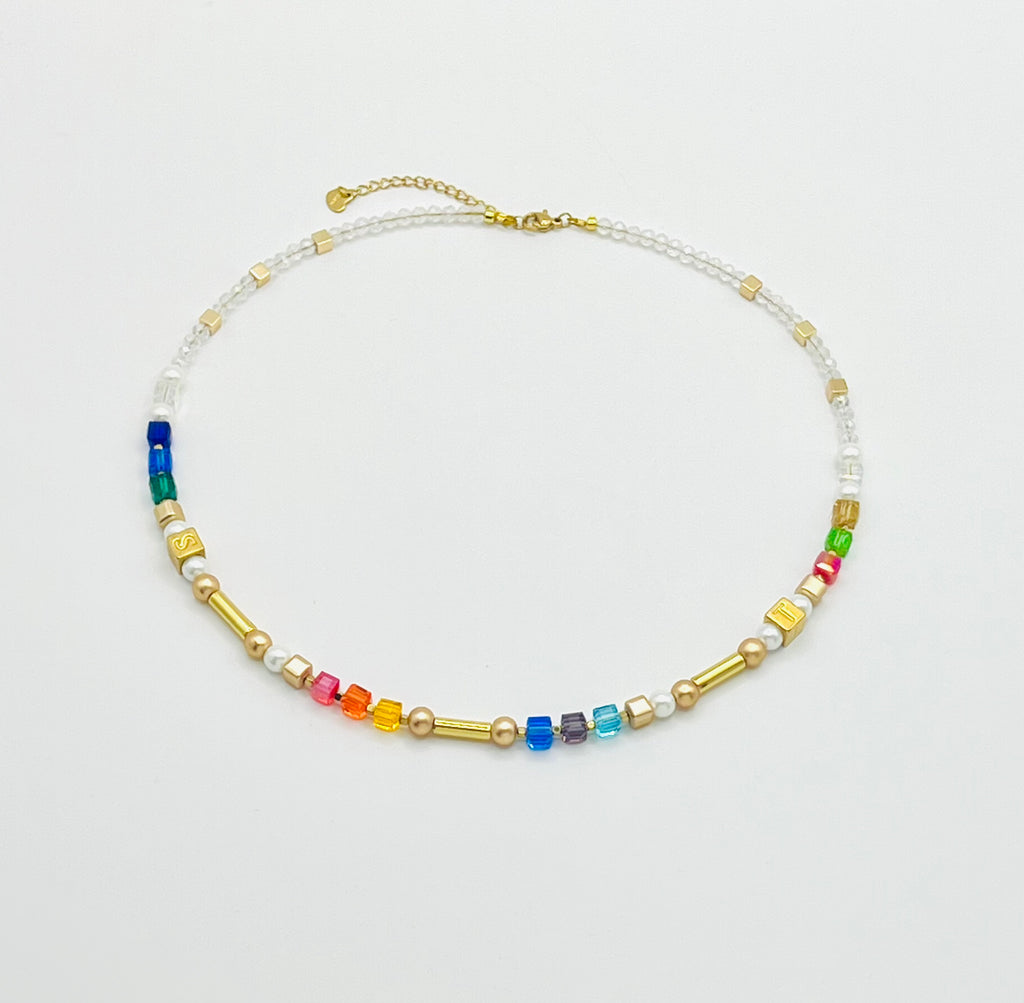 Multicolour Crystal Glass & Natural Stone Necklace | Gold Stainless Steel
