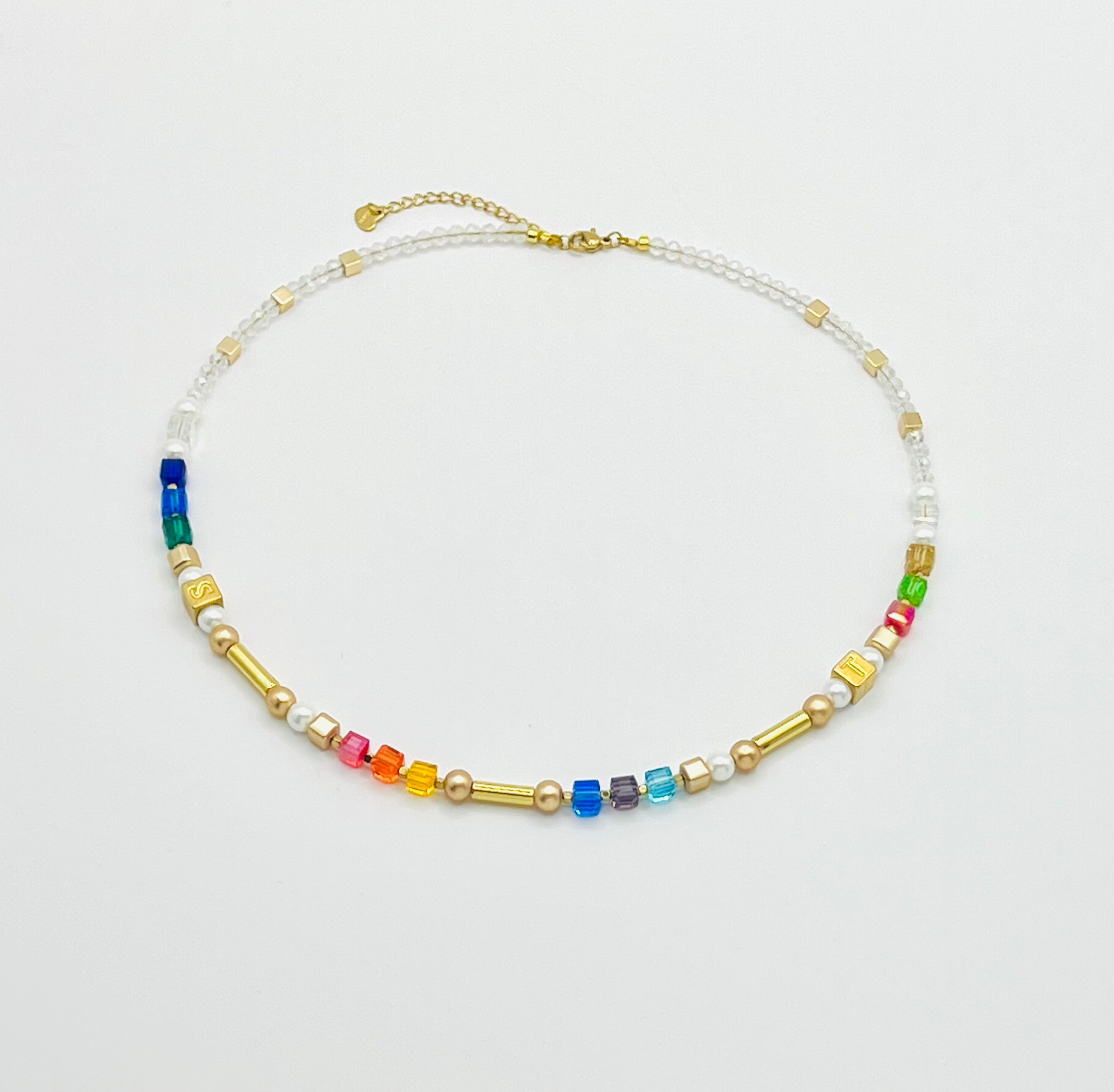 Multicolour Crystal Glass & Natural Stone Necklace | Gold Stainless Steel