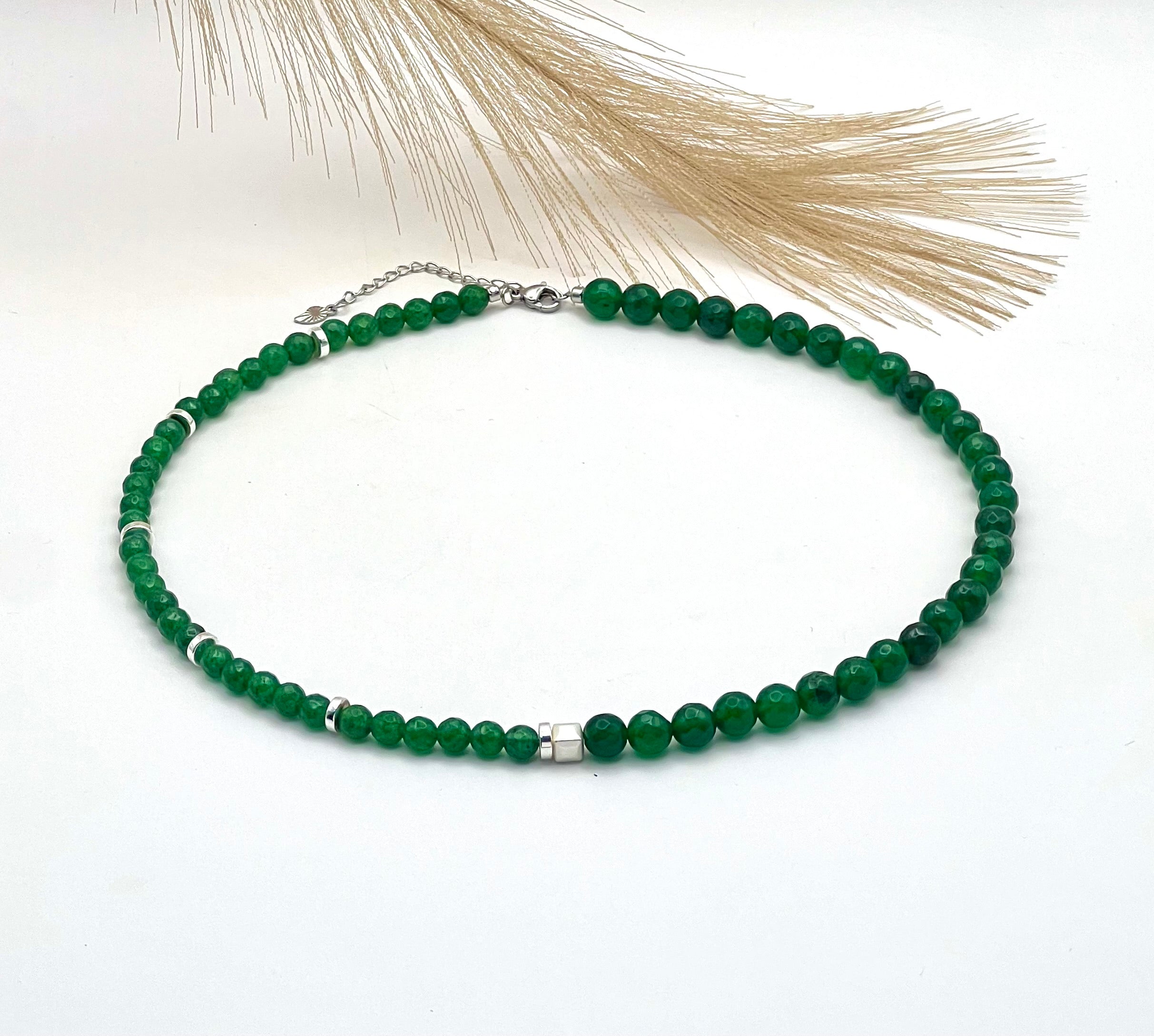 Once More Green Natural Stone Necklace – Silver Stainless Steel