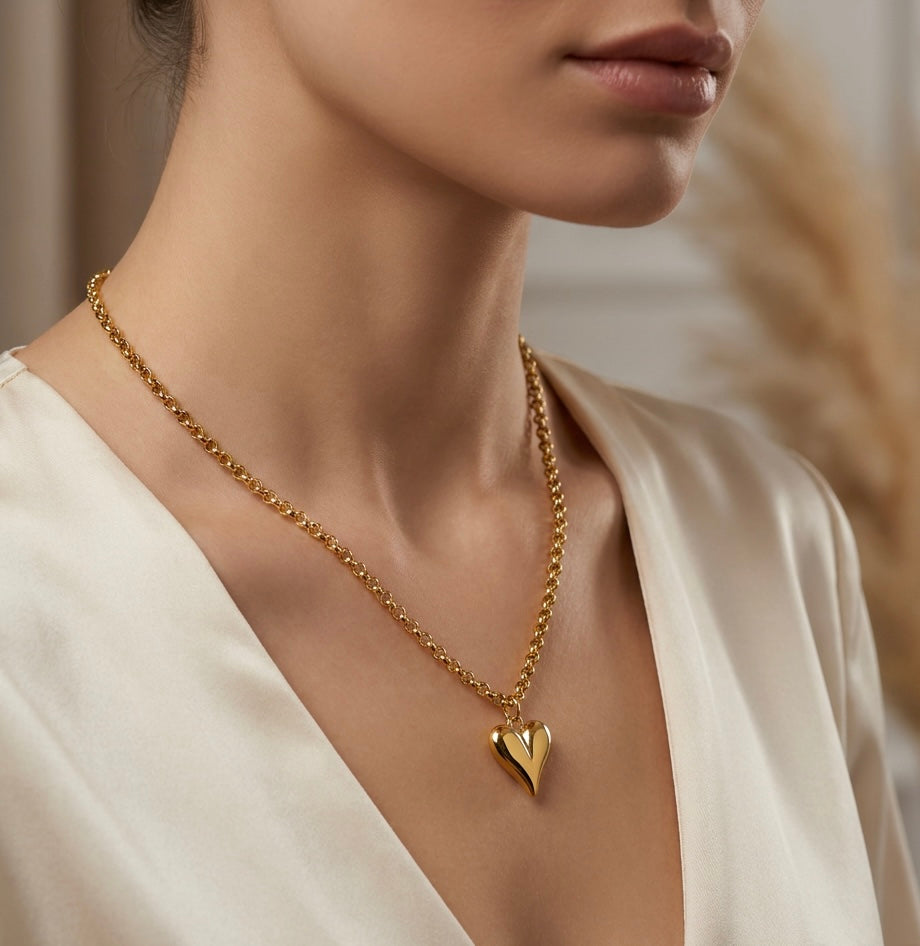 Gold Heart Pendant Necklace with Stainless Steel Chain