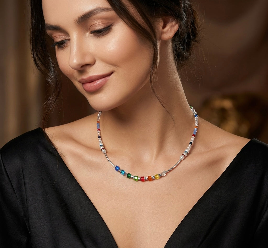 Multicolour & Clear Crystal Glass Necklace | Silver-Plated Steel Clasp