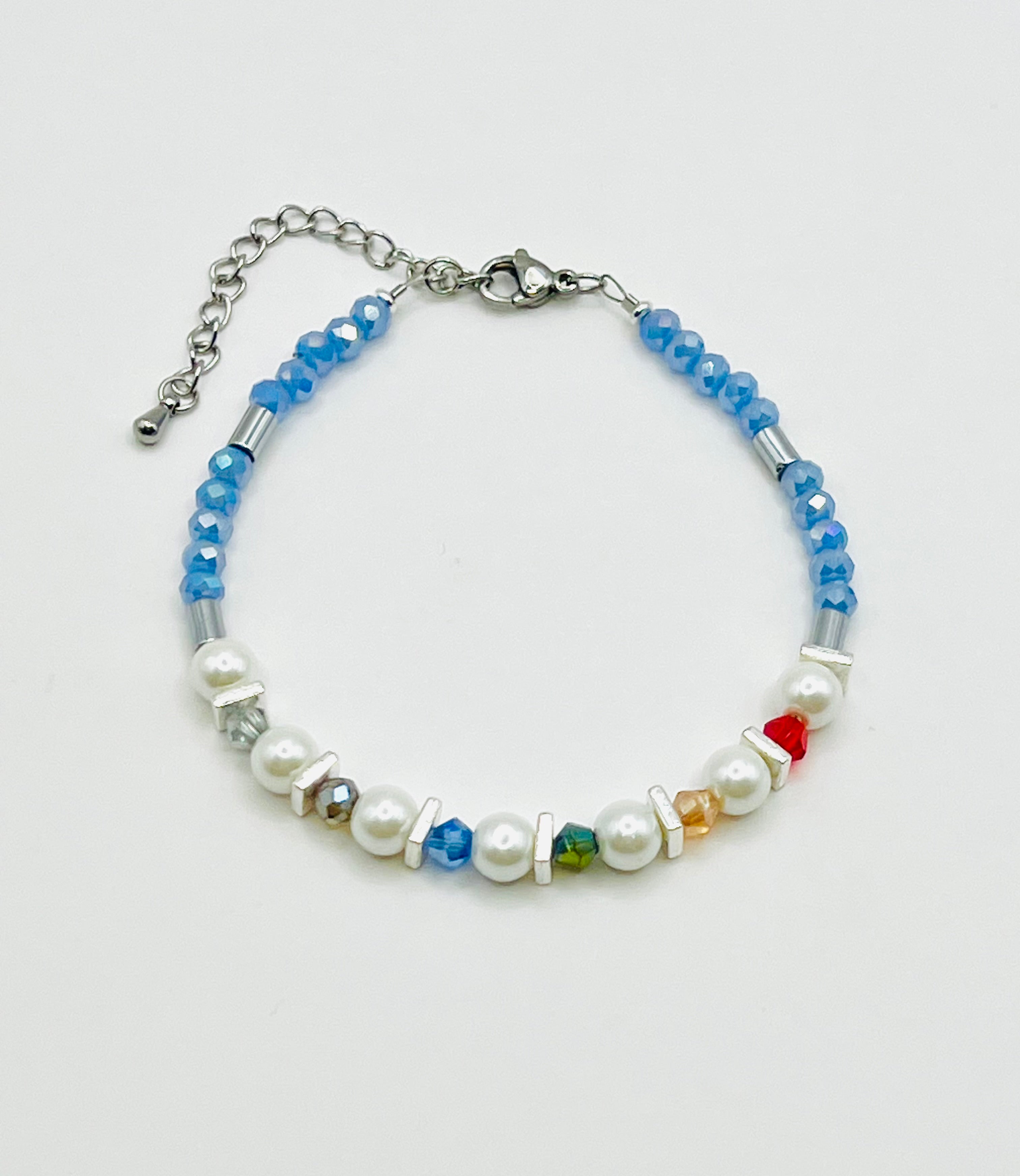 Blue, White & Multicoloured Glass Stone Bracelet – Silver Stainless Steel