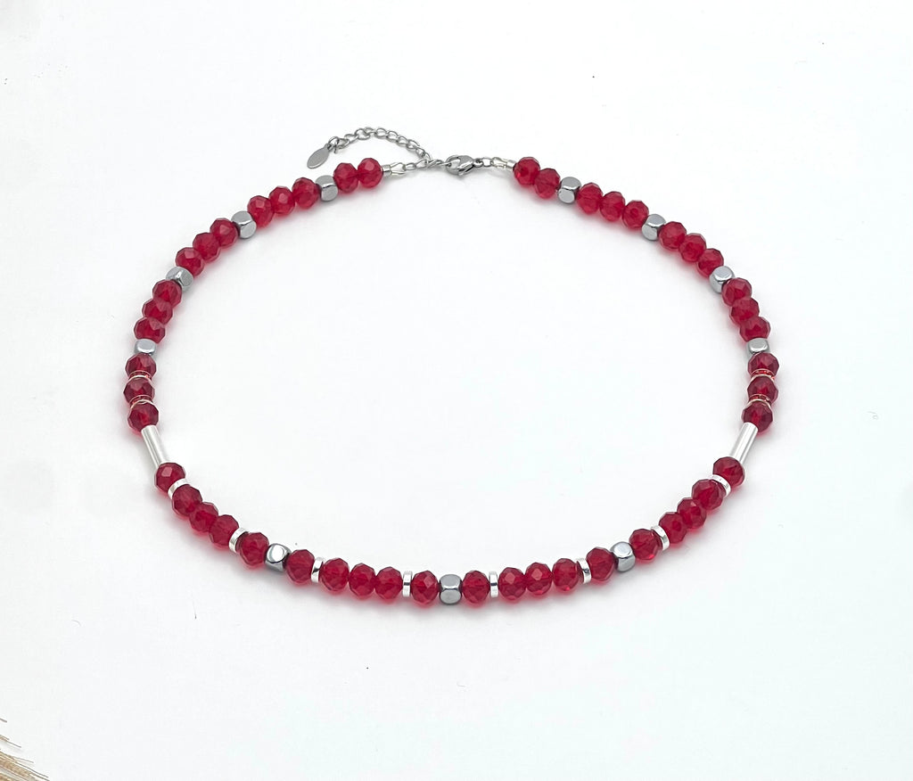 Red Crystal Glass Natural Stone Necklace with Silver Stainless Steel – Women’s Jewelry