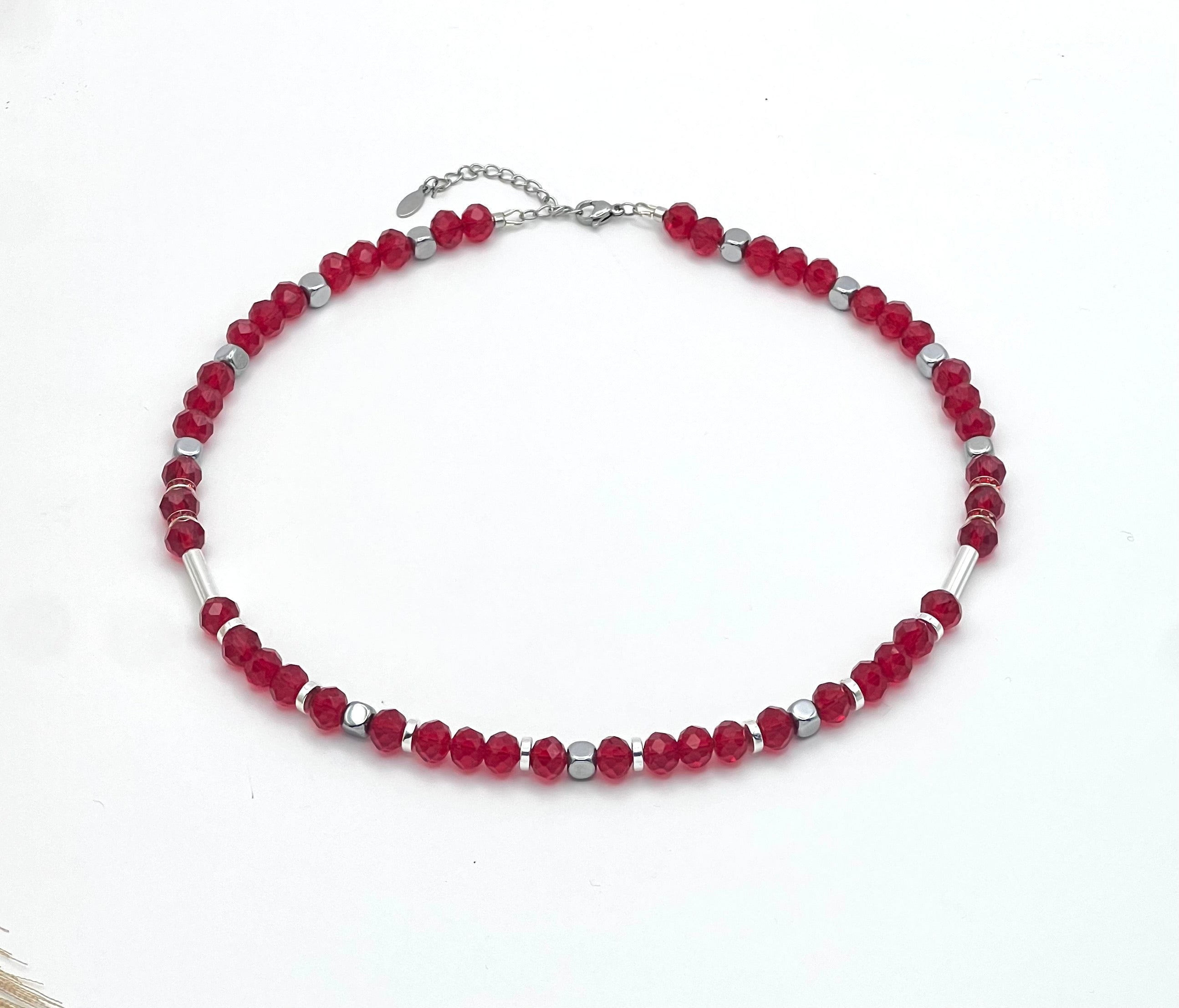 Red Crystal Glass Natural Stone Necklace with Silver Stainless Steel – Women’s Jewelry