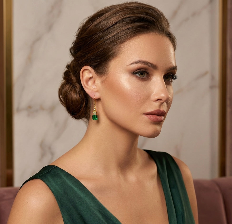 Green Crystal Glass Stone Drop Earrings | Gold-Plated Hook