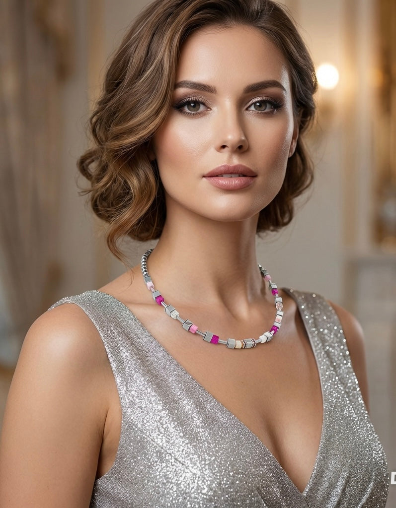Silver & Pink Crystal Glass Stone Necklace | Silver Stainless Steel