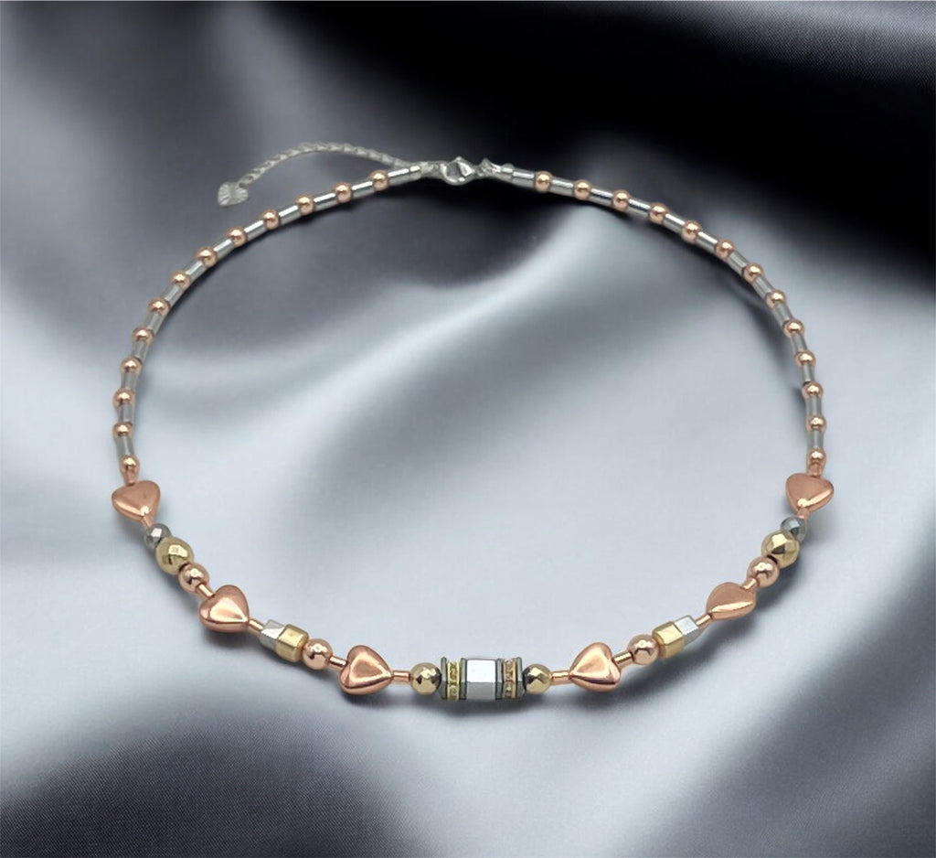 Silver, Gold & Rose Natural Stone Crystal Glass Necklace with Stainless Steel