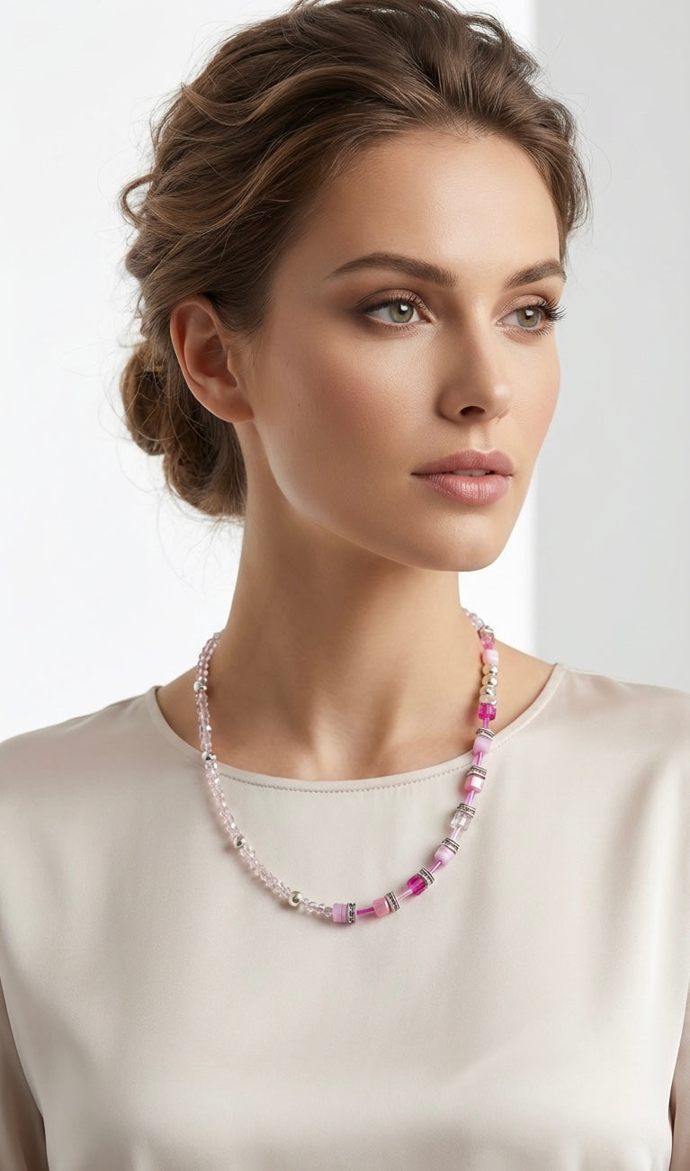 Rose Pink Crystal Glass Necklace Made with Natural Stones and a Silver-Plated Clasp – Women’s Jewellery