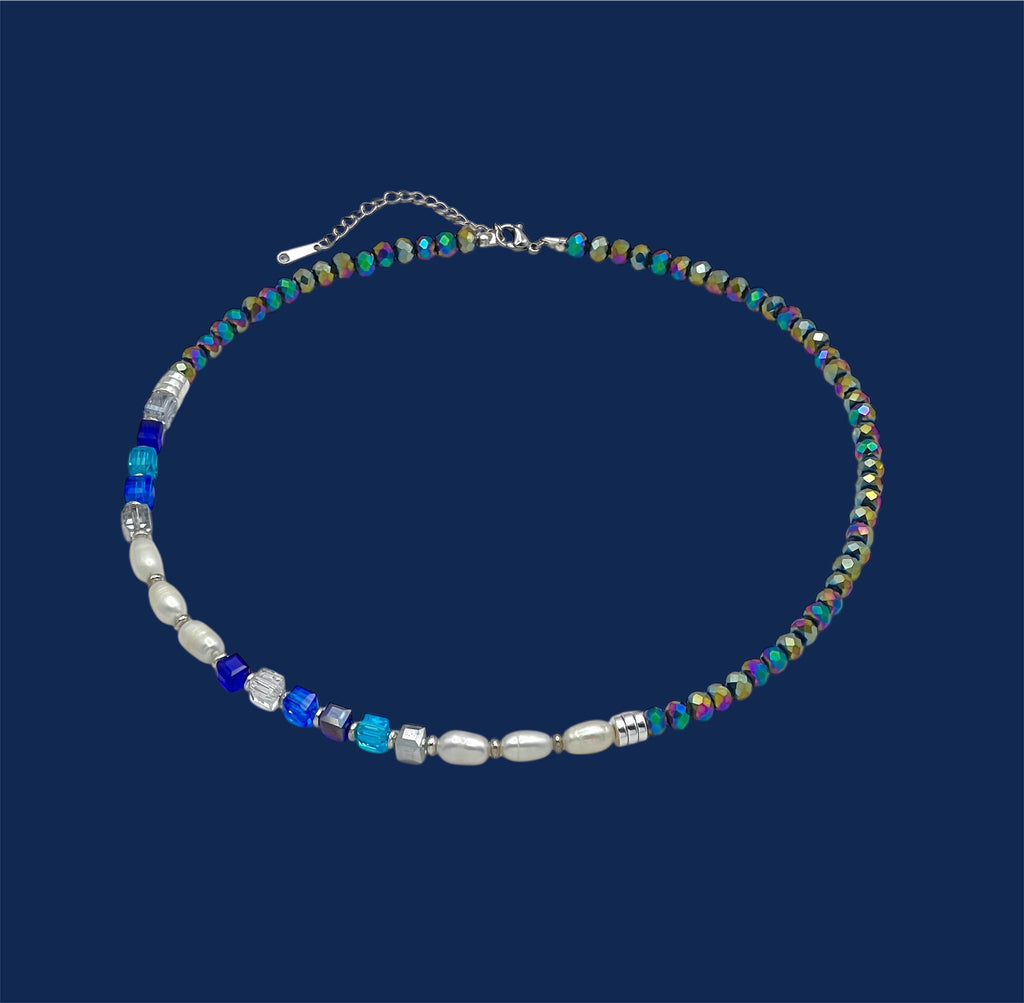 Multicolour Blue White Pearls Crystal Glass Stone Necklace Silver Steel For Women Jewellery Gift