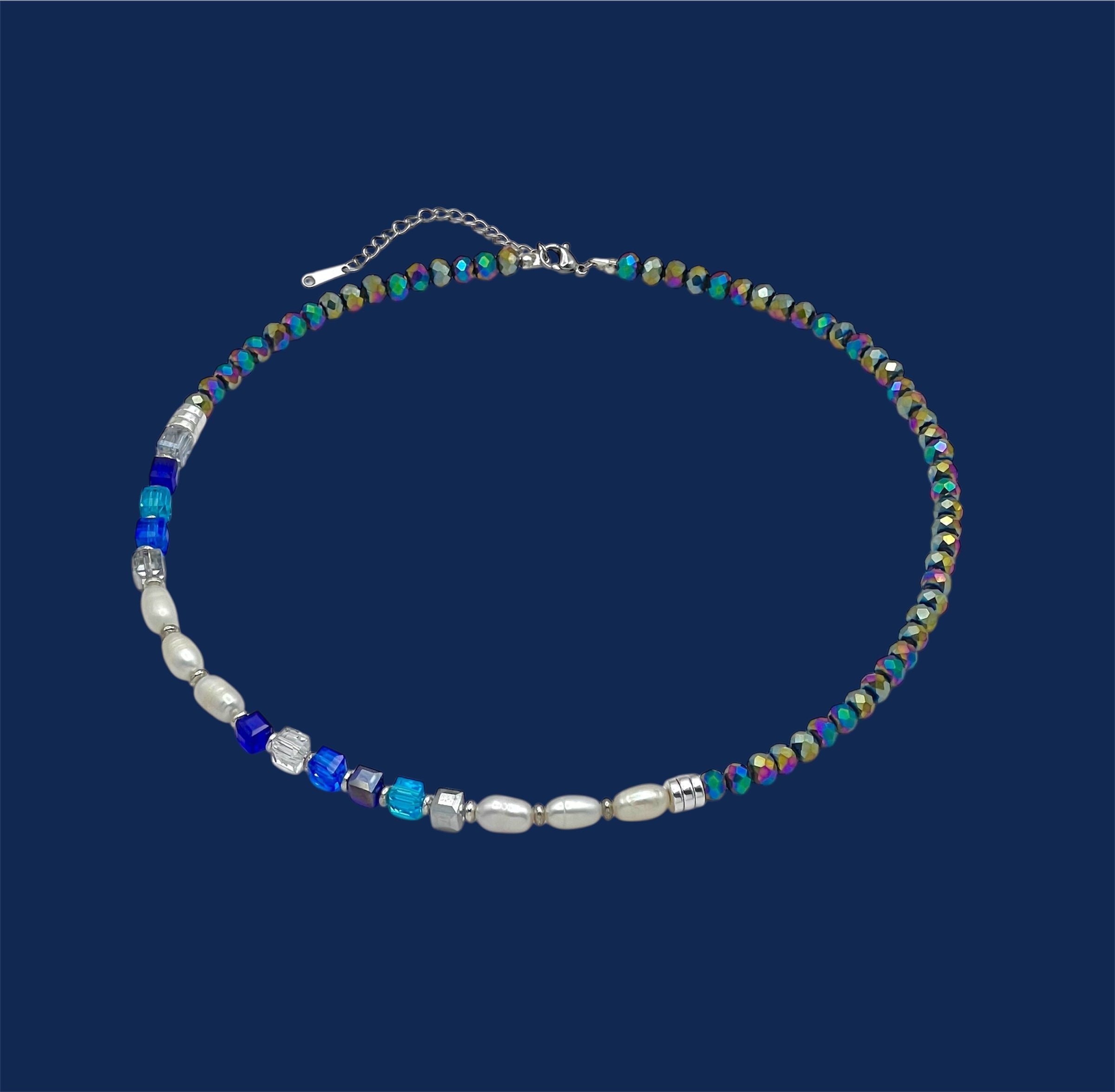 Multicolour Blue White Pearls Crystal Glass Stone Necklace Silver Steel For Women Jewellery Gift