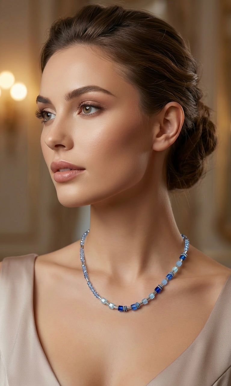 Delicate Light Blue Crystal Glass Necklace with Silver Steel