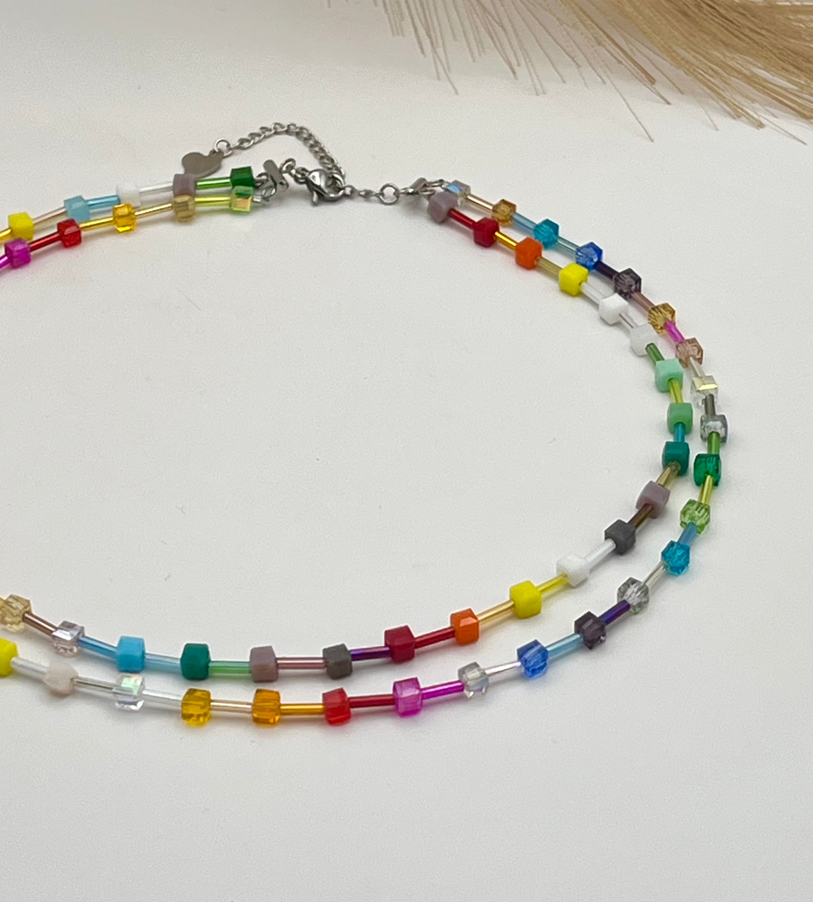 Multicolour Crystal Glass Necklace – Silver Stainless Steel