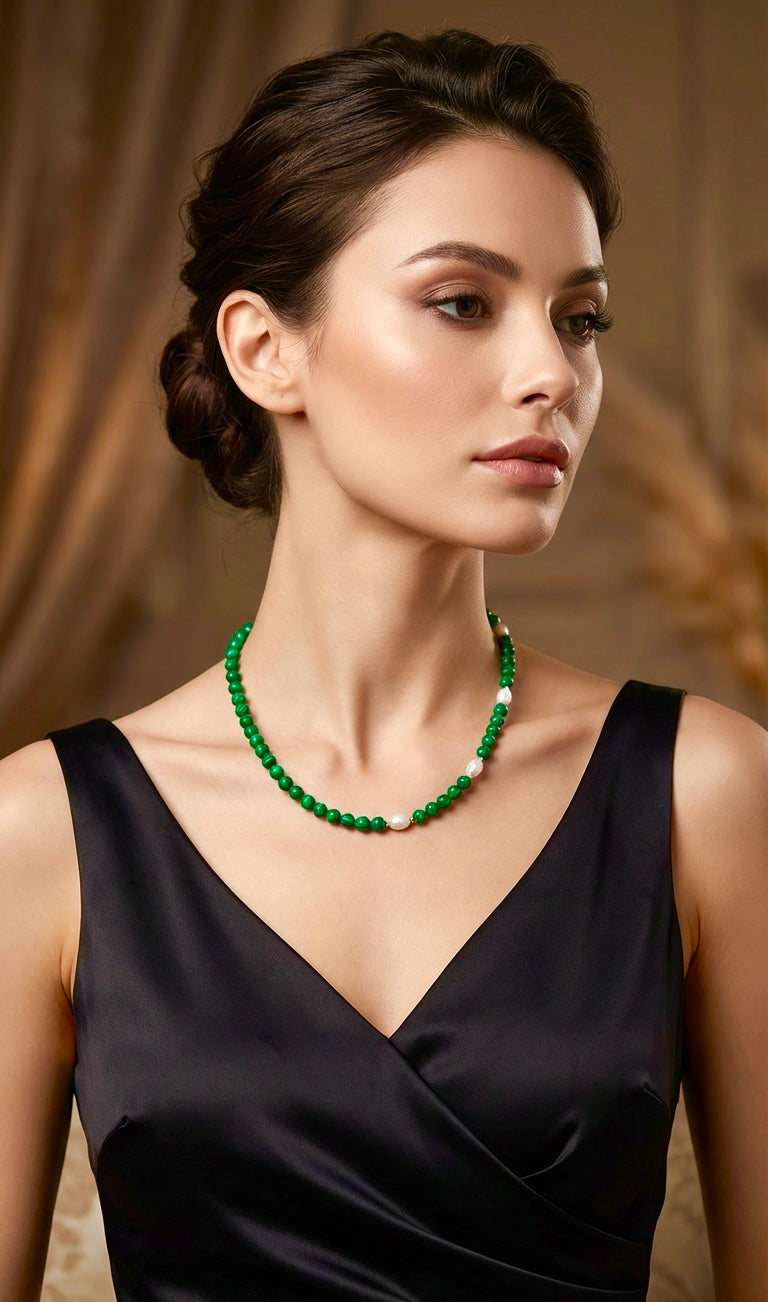Green Malachite and Freshwater Pearl Necklace with Silver Steel