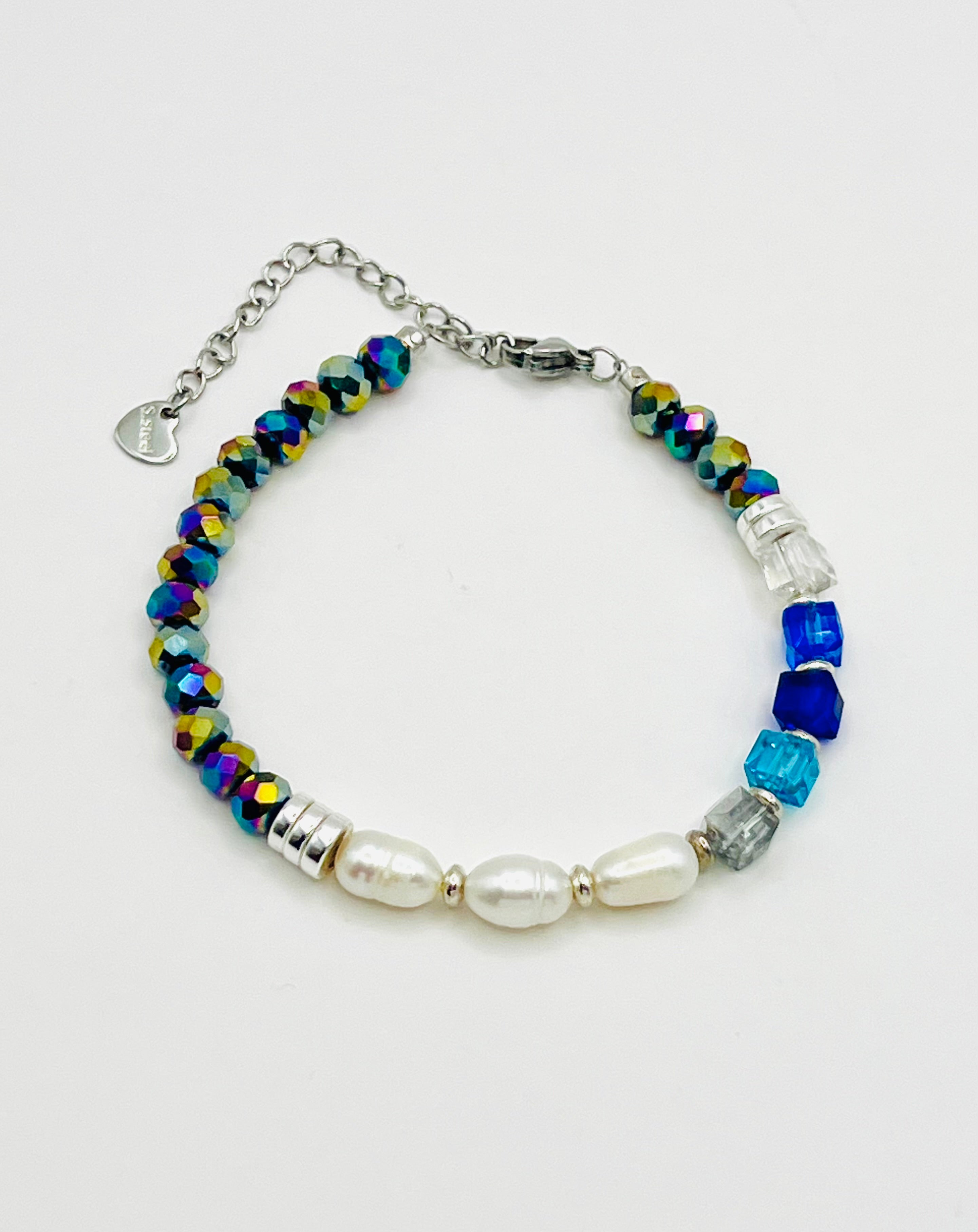 All Blue Glass Bracelet with White Natural Pearls – Silver Stainless Steel