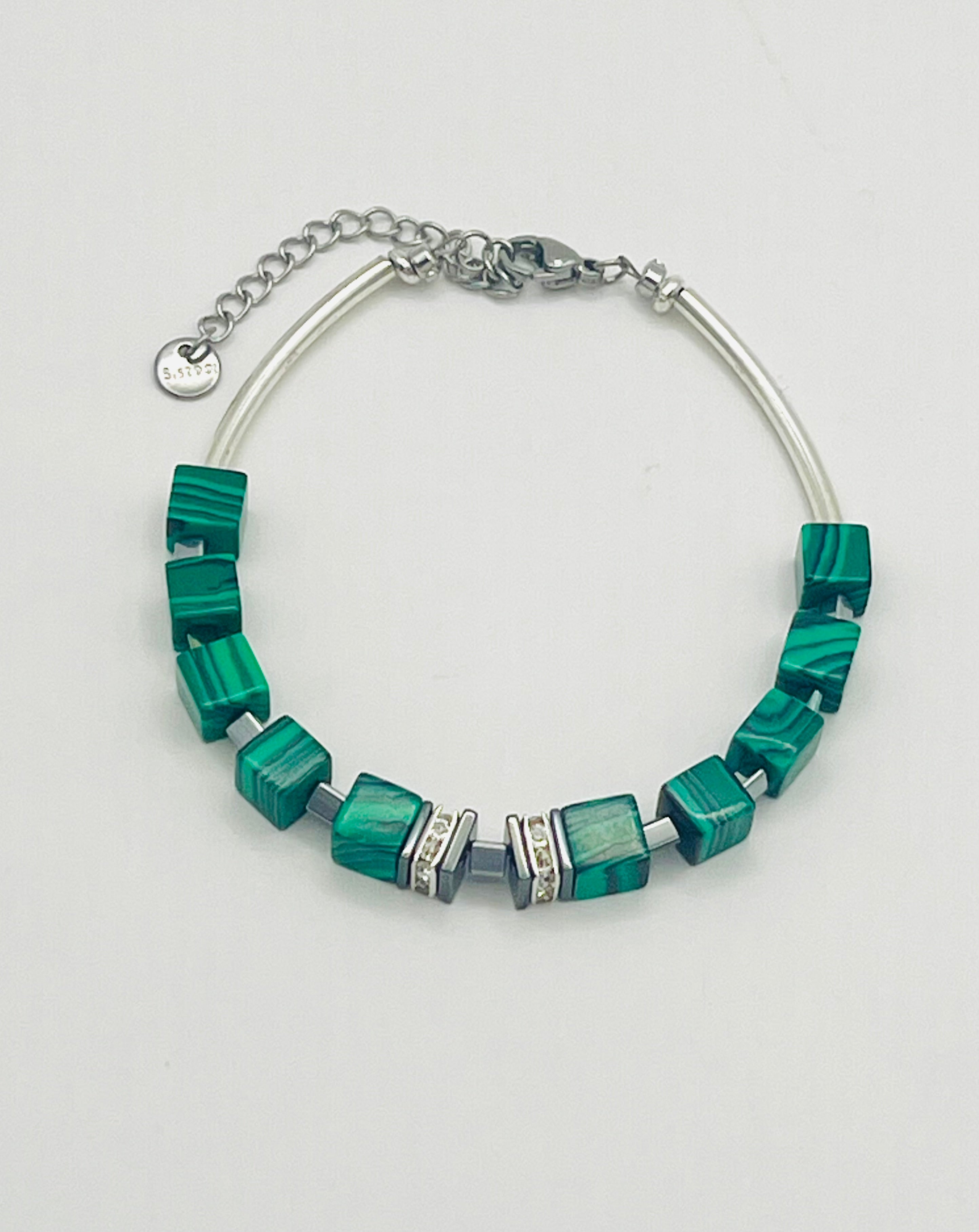 Green Malachite Stone Bracelet | Silver-Plated Steel Lobster Claspl