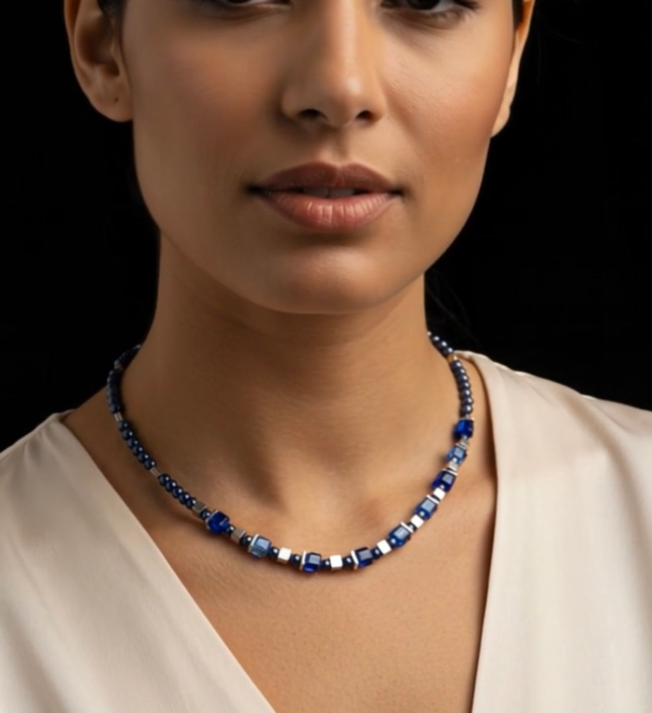 Royal Blue Crystal Glass & Natural Stone Necklace – Silver-Plated Jewelry for Women