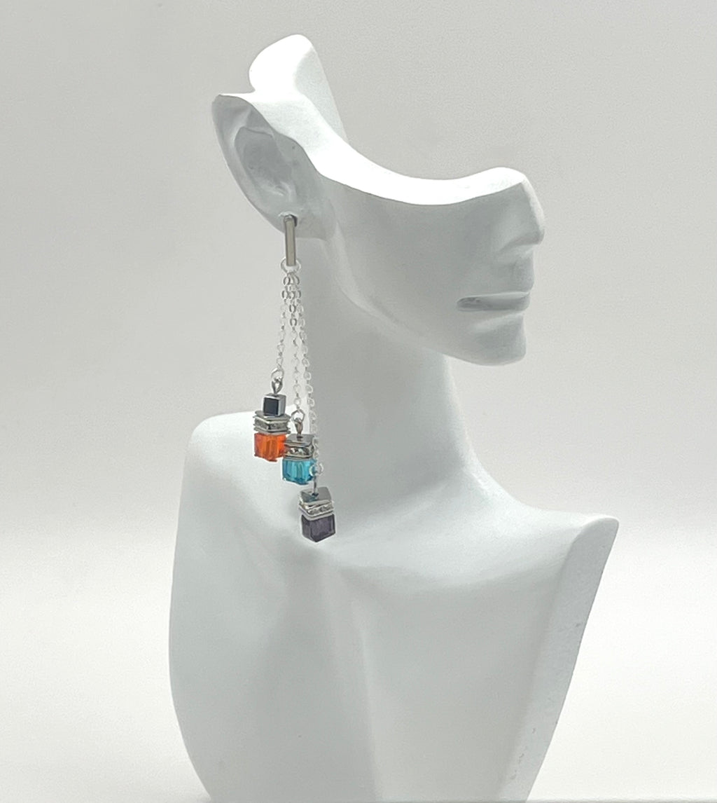 Multicolour Cube Crystal Glass Drop Earrings | Silver Stainless Steel