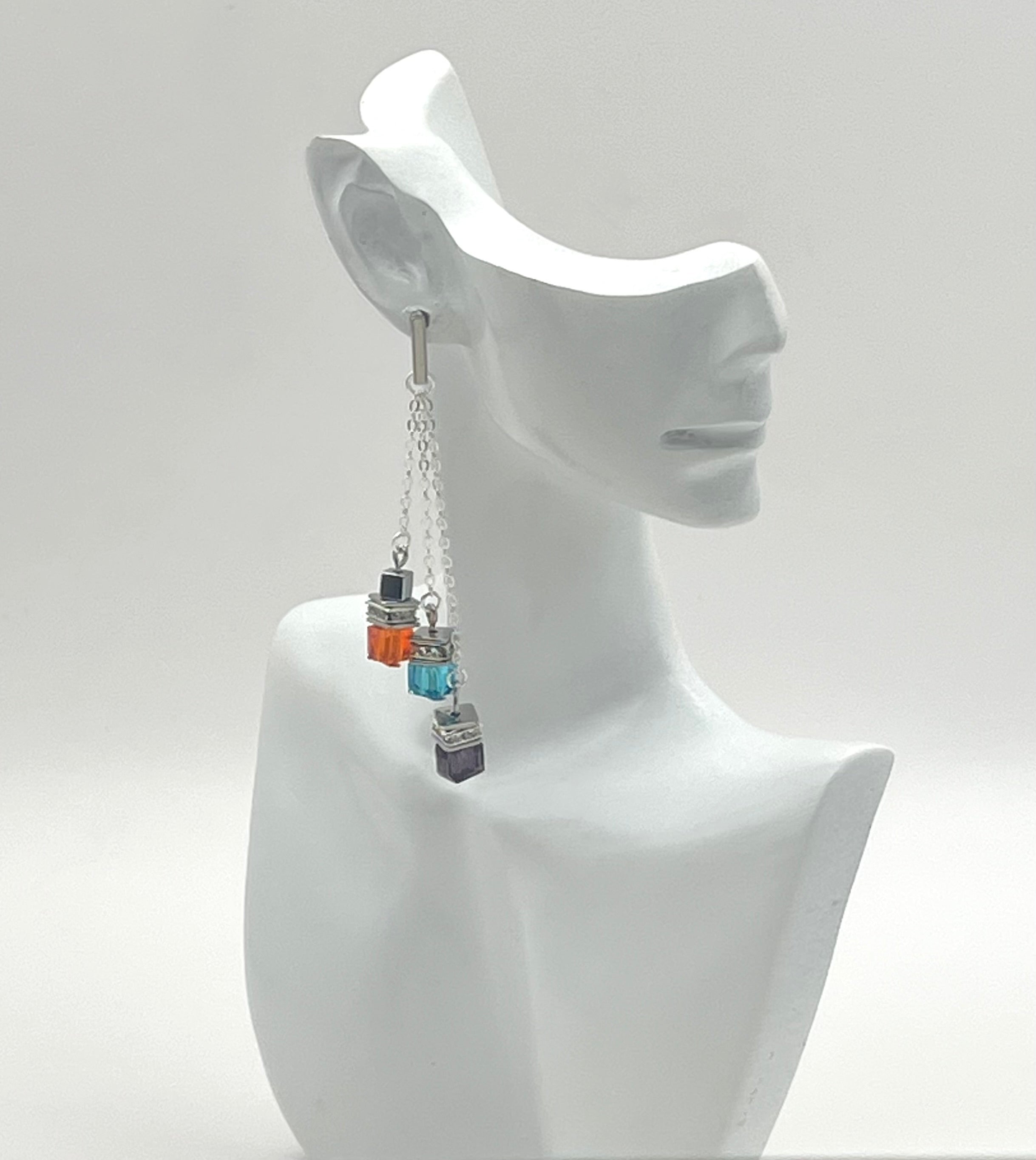 Multicolour Cube Crystal Glass Drop Earrings | Silver Stainless Steel