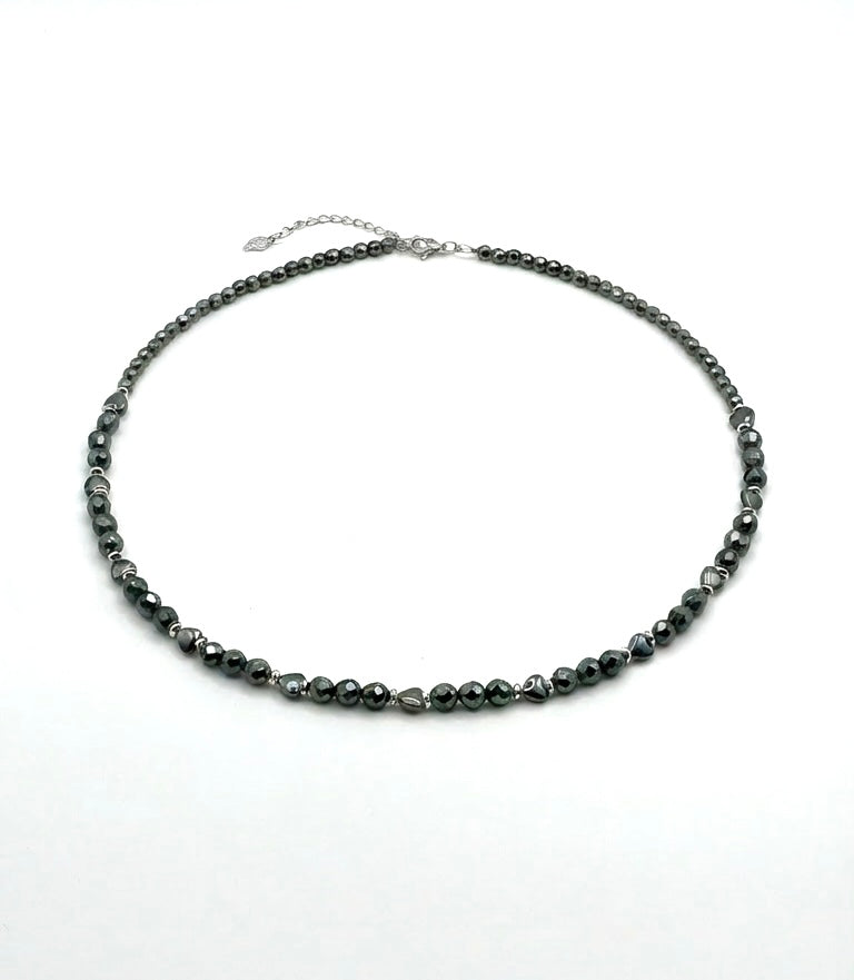 Black Hematite Heart Stone Necklace | Silver Stainless Steel Lobster Clasp