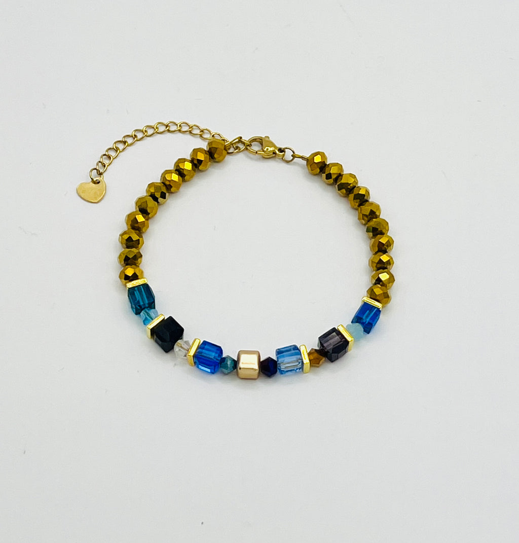 Royal Blue & Gold Crystal Glass Stone Bracelet | Gold Stainless Steel