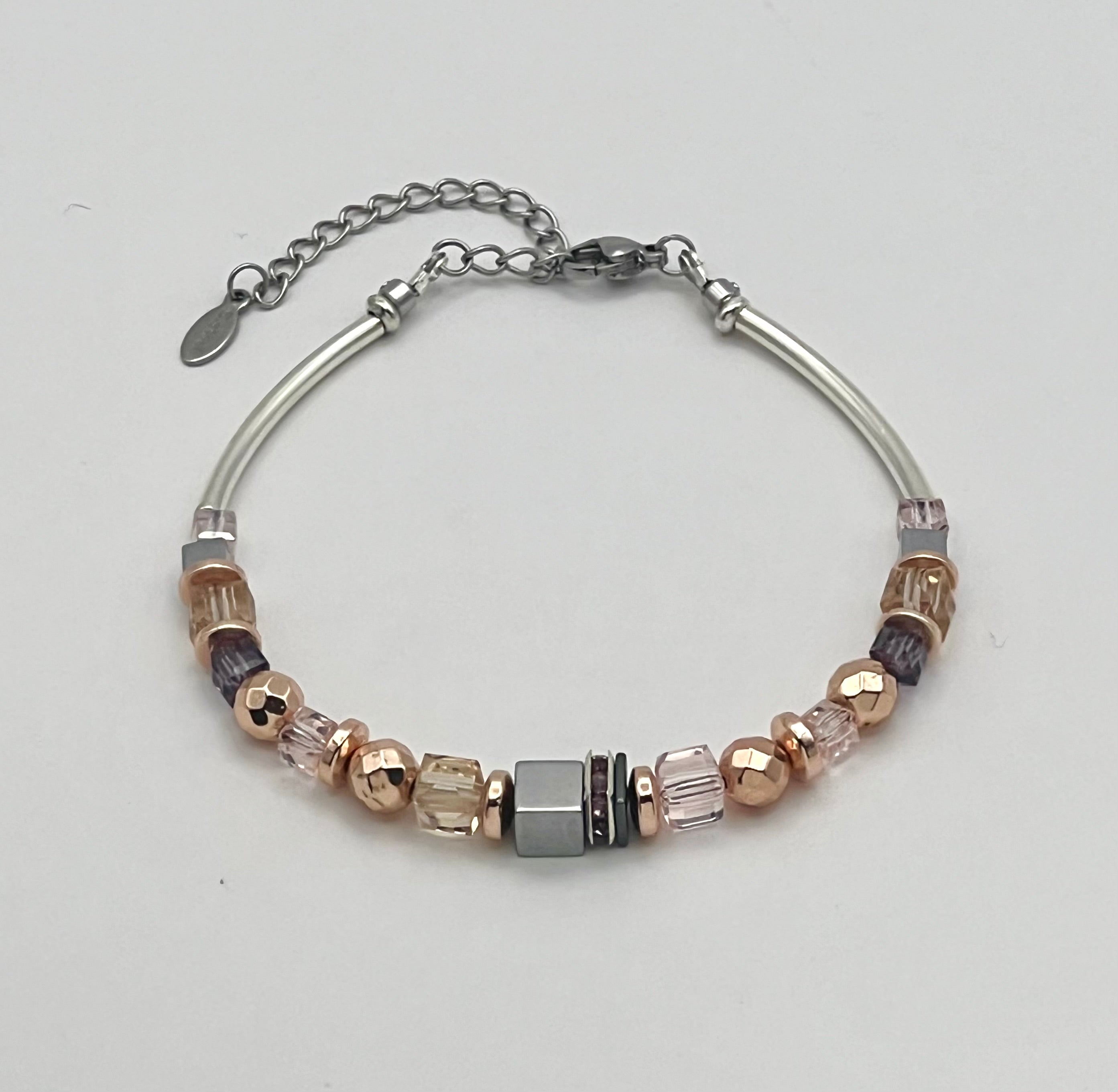 Silver, Gold & Rose Natural Stone Crystal Glass Bracelet with Stainless Steel