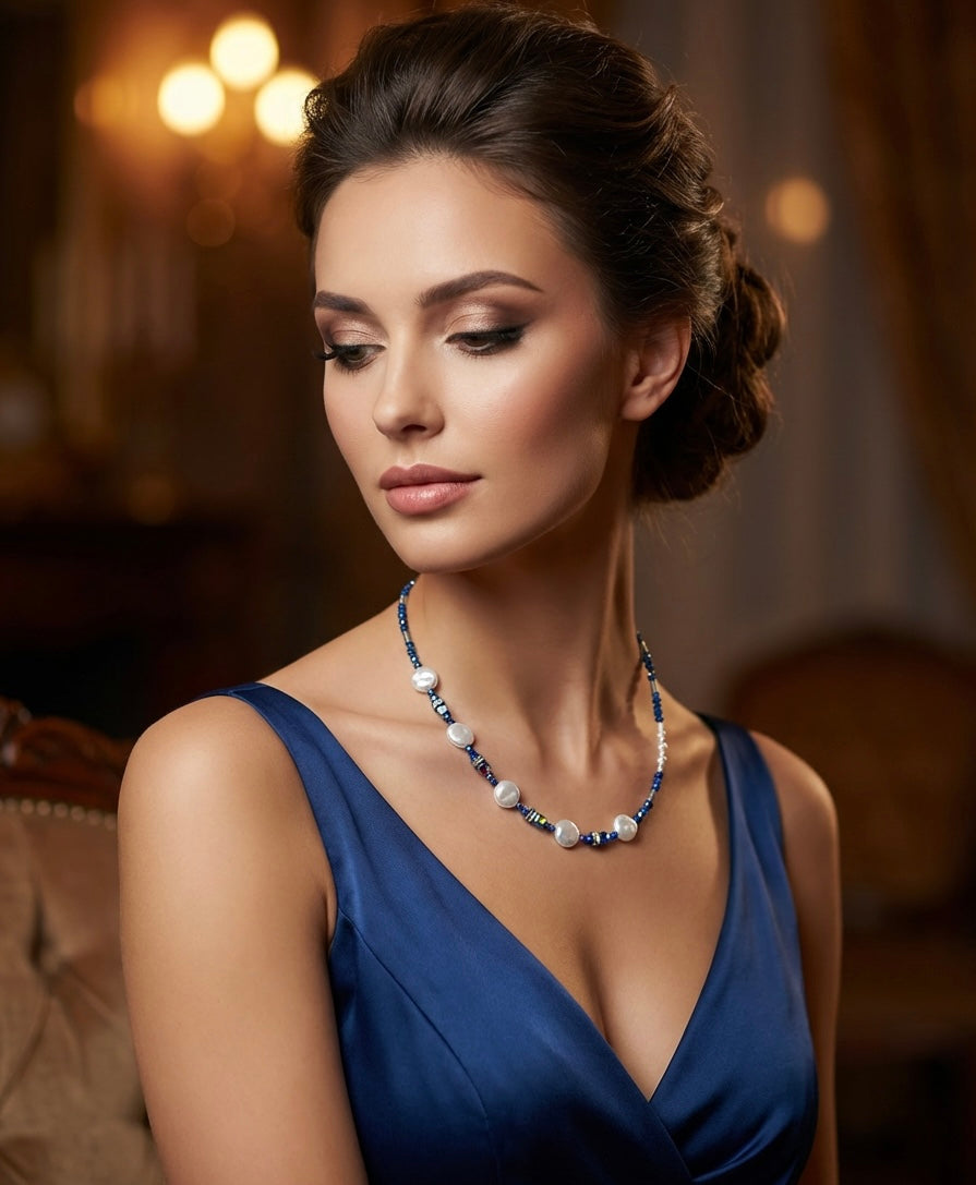 Dark Blue Crystal Glass Stone Necklace | Silver Stainless Steel