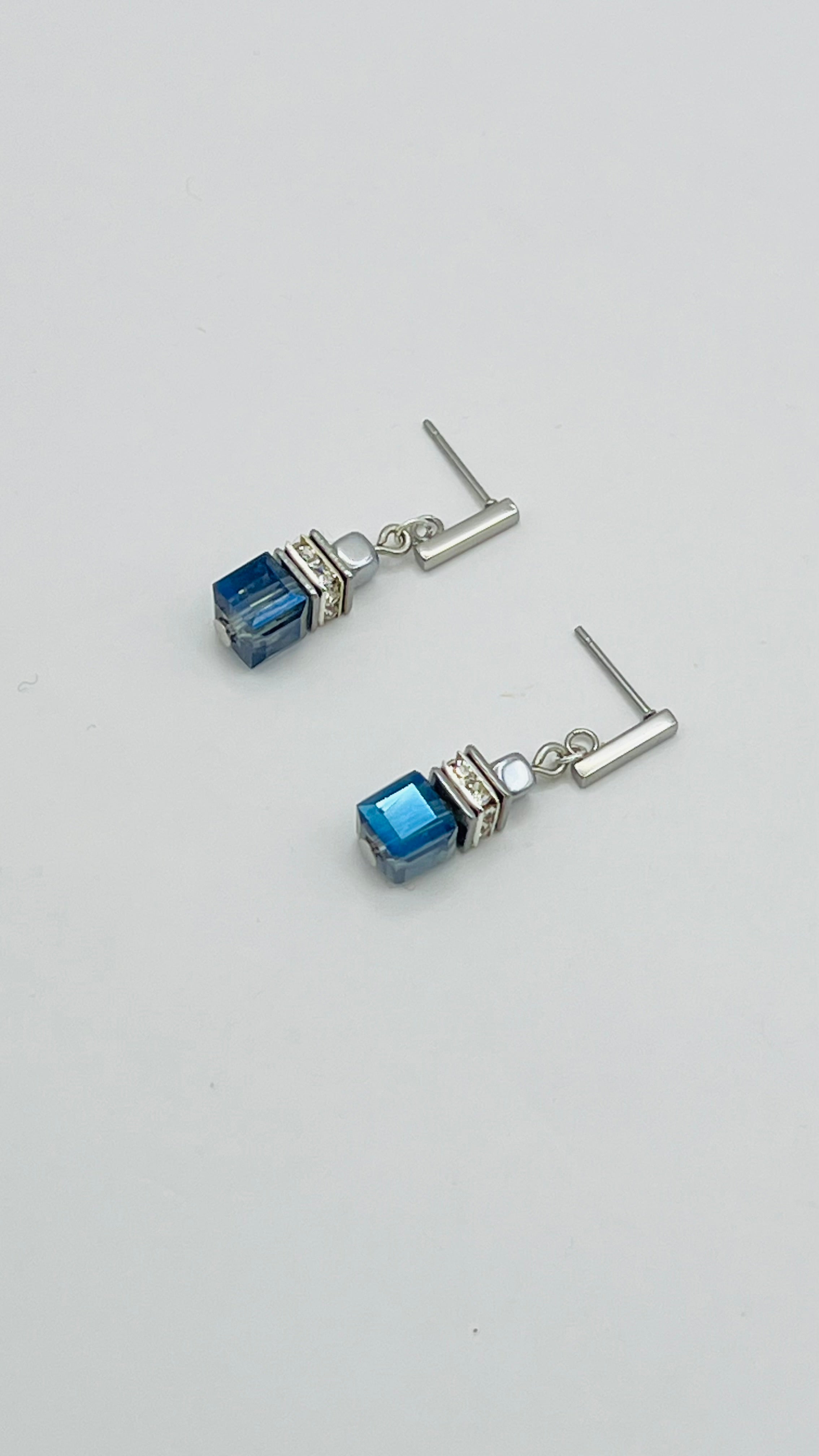 Transparent Blue Crystal Glass Stone Drop Earrings | Silver Stainless Steel Clasp