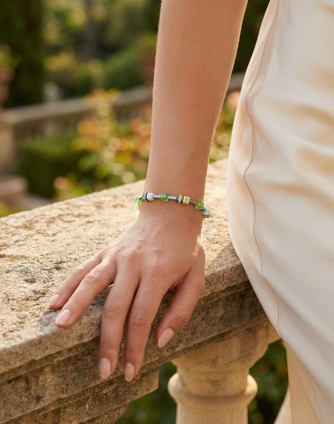 Green Glass Stones Bracelet – Silver Steel